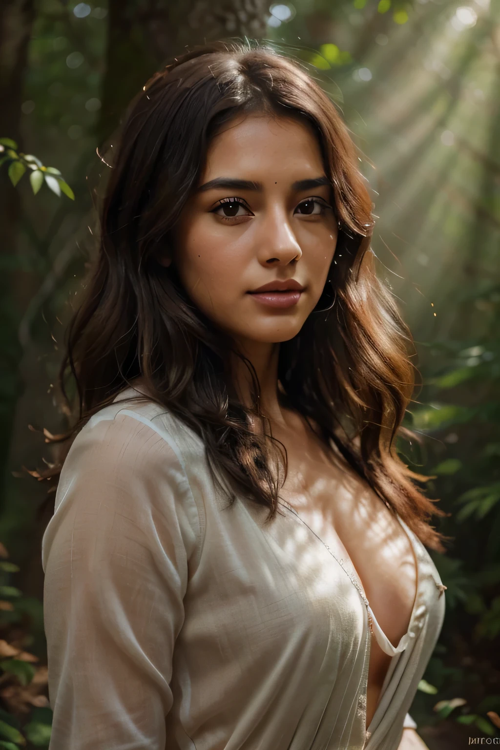 girl in the forest, (best quality, 4K, High definition, masterpiece: 1.2), ultra-detailed, (realistic: 1.37), illustration, beautiful detailed face, pink lips, in a flowing dress, standing in the beam sunlight surrounded by trees and flowers, Calm and peaceful atmosphere, soft and warm color palette, Magical lighting effects, cute yet sexy 26 year old indian woman with wavy brown hair, detailed eyes, luscious lips, Her dark brown skin glows with a natural warmth, adding to her allure, best ratio, Beautiful Skin, Attractive, small-medium breast, realistic iPhone picture 