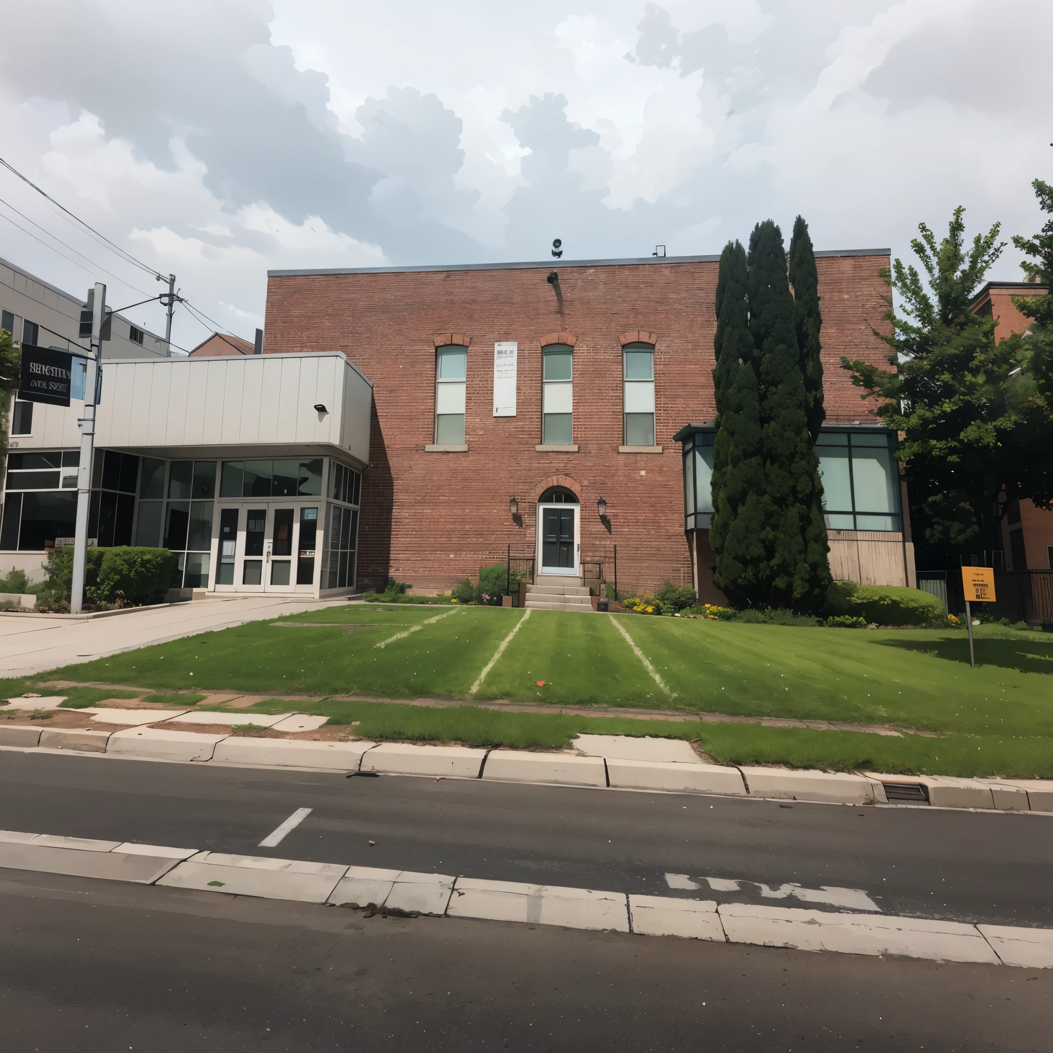 there is a building with a sign that says center street school gymnasium, center, exterior shot, exterior wide shot, central shot, street view, center straight composition, center spotlight, seen from outside, street level view, detailed zoom photo, local gym, view from across the street, exterior view, street corner, viewed from the side, exterior, centre image