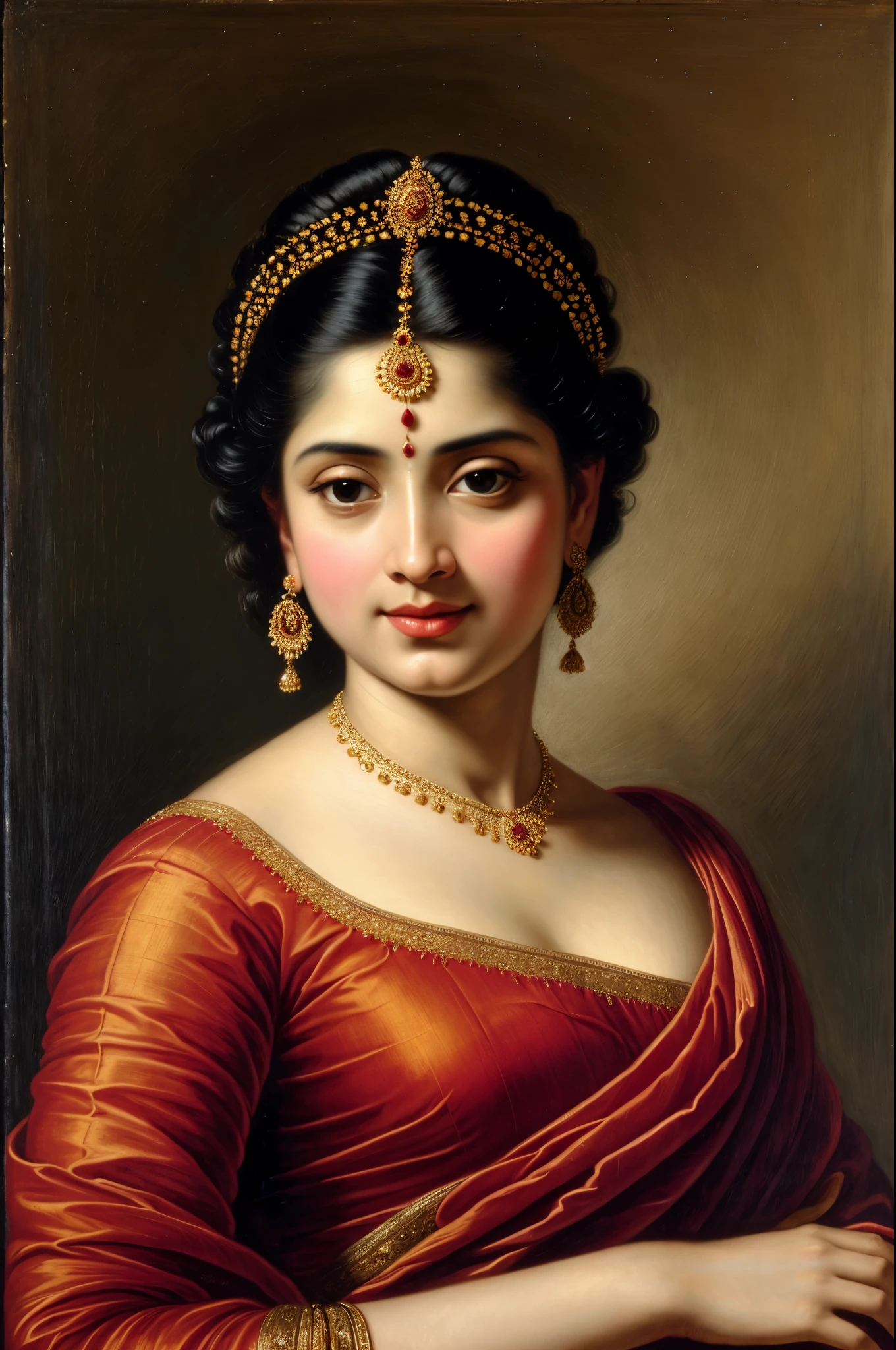 Beautiful Indian Woman, wearing saree, sari Beauty, gorgeous, Apsara, Maharani, royal queen woman, nymph from Hindu Mythology, Urvashi, matchless beauty, Highly detailed, Oil Painting by Peter Paul Rubens inspired by Raja Ravi Varma, Matchless beauty, captivating, gorgeous, heavenly beauty, celestial beauty, by Peter Paul Rubens, 1893, realistic, hyper realistic, micro details, incredible artwork, insane details, ultra High resolution, 8k, 32k, acrylic on canvas, intricate, flawless, detailed, detailed face, detailed eyes, masterpiece, by Peter Paul Rubens, by Caravaggio, by William Adolphe bouguereau, perfect face, perfect body, beautiful art, realism, baroque, renaissance Art, highly textured, beautiful and detailed eyes, uhd, best quality,