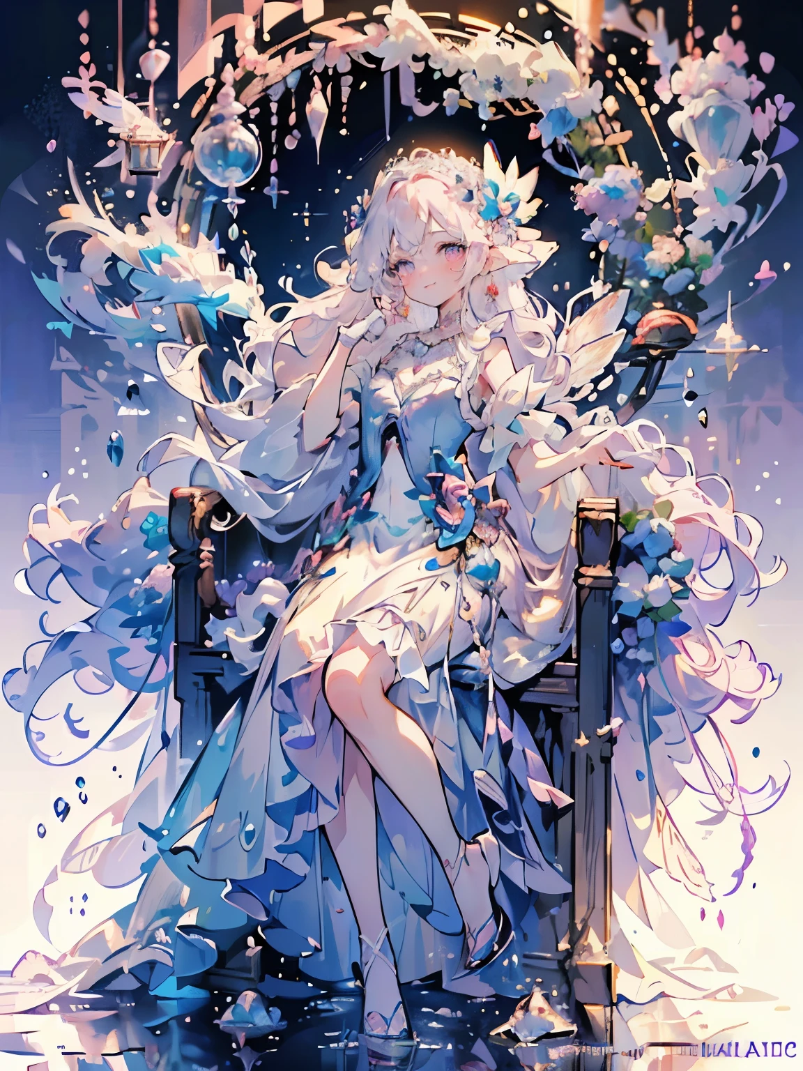 (highest quality, masterpiece, Super detailed, very detailed, exquisite, 16k,Full HD),beautiful face,Pull,golden ratio,dramatic lighting,(pastel colour),smile,playing,A lot of bubbles are floating,floating in the water,soft lighting, ((alone:1.5)),Sea,((whole body)),(fairy princess, purple eyes, long eyelashes,white skin,slim,pale pink plump lips,pale pink cheeks, silver fluffy hair,thin and long,Magic that manipulates water,small fish silhouette,bubble magic,(thin and high nose,small nose),(Huge fairy wings grow from just above her waist.),(diamond and pearl tiara,pearl earrings,pearl necklace),(light blue and white ball gown dress:1.1,dress dissolved in water,pure white lace and frills,pearl),(smile:1.2), (fantasy, romantic atmosphere), magic light,