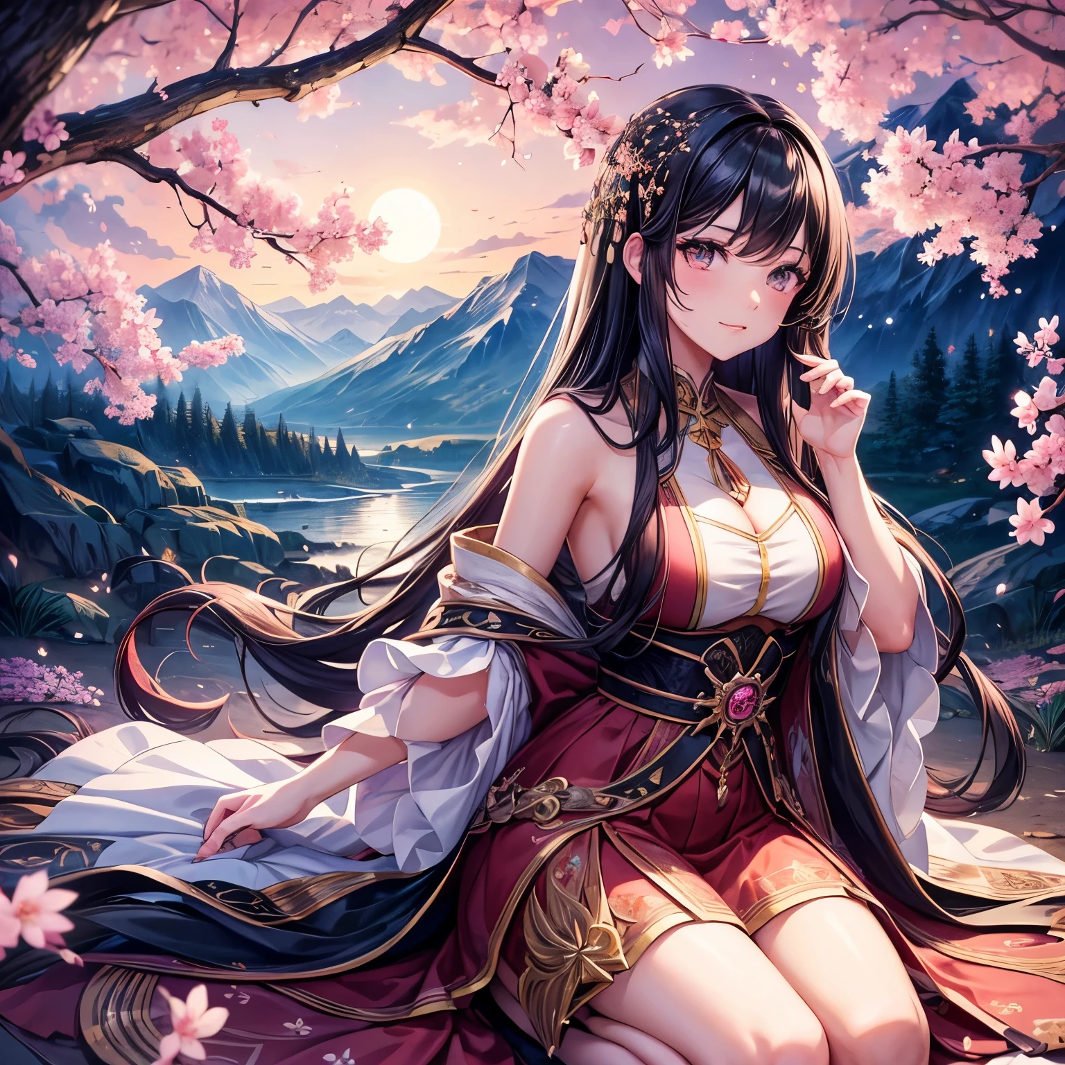 masterpiece, best quality, night, mountain, full moon, long black hair, woman, firefly, stars, mysterious cherry blossom tree, pink leaves, high quality, beautiful graphics, high detail