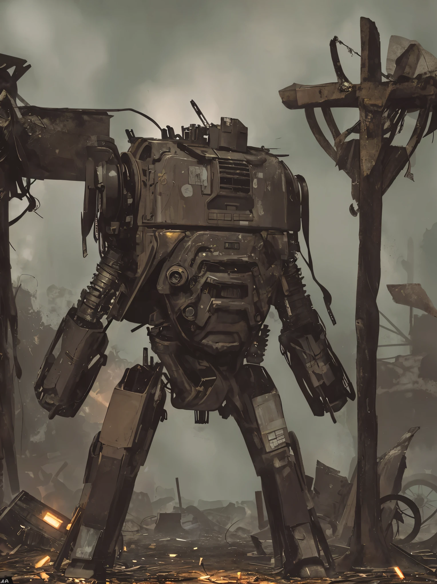  This photograph showcases a discarded mech, its old metal surface and rusty parts telling a story of neglect. Dim light filters through the gaps of the dilapidated mech, illuminating the scene. The mech's tires are flattened and deflated, leaving it stranded in a desolate background amidst the ruins of an abandoned factory. The scene is set in a post-apocalyptic world, filled with sci-fi elements that evoke a sense of doom and gloom.