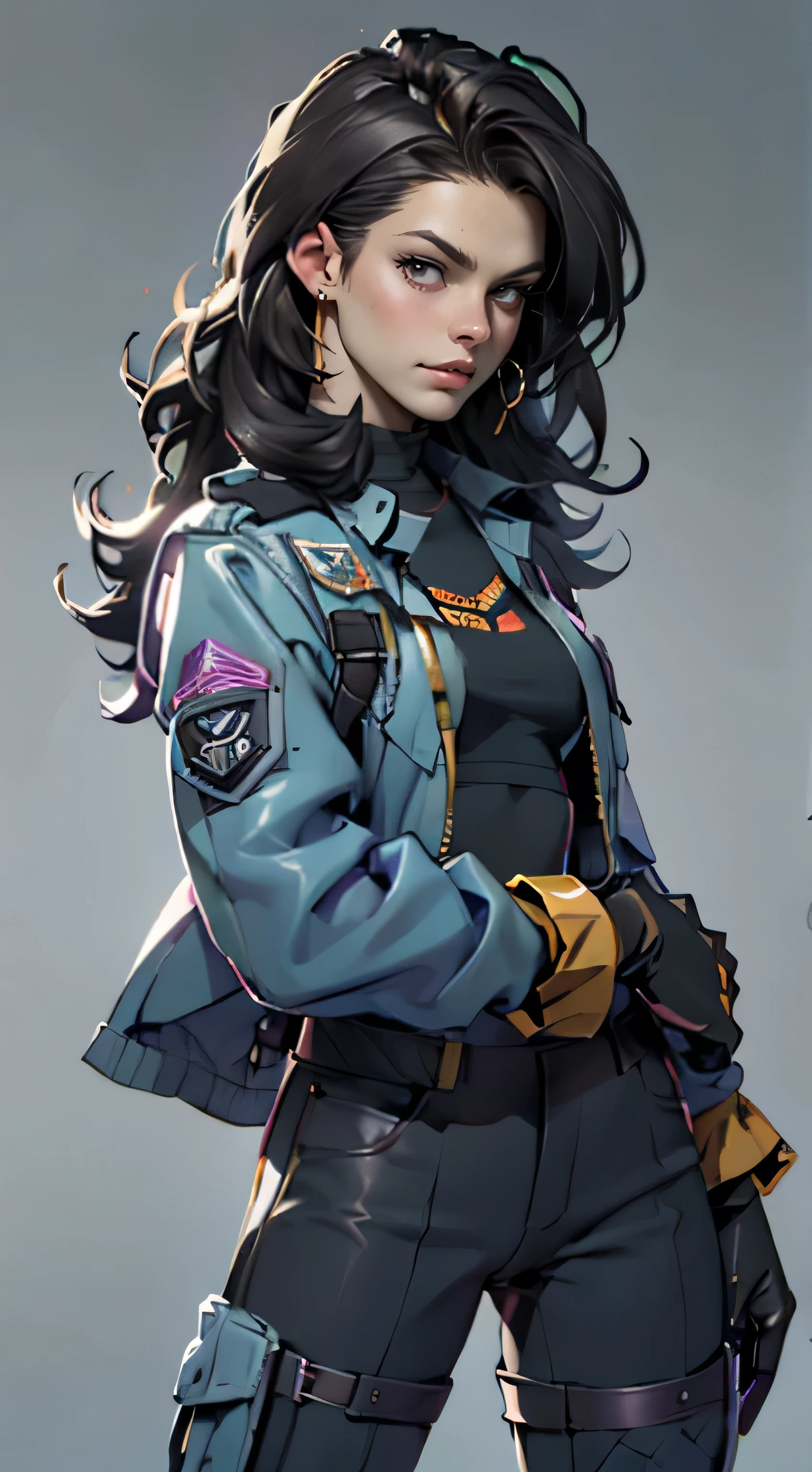 11:23(((best quality: 1.4))),(Unparalleled masterpiece), (ultra high definition),(Hyper-realistic 8K CG)、(one hand action),(dark hair long hair) ((( Body))), (((1 girl in))), 25-year-old American soldier with perfect Body,,Beautiful and well groomed face,muscular Body:1.2,Solid royal blue jacket with details, (Pictures from head to thighs), Complex equipment, Purple,trousers,The clothes inside are dark,Clothes with armored metal electronic parts, poison tattoo )