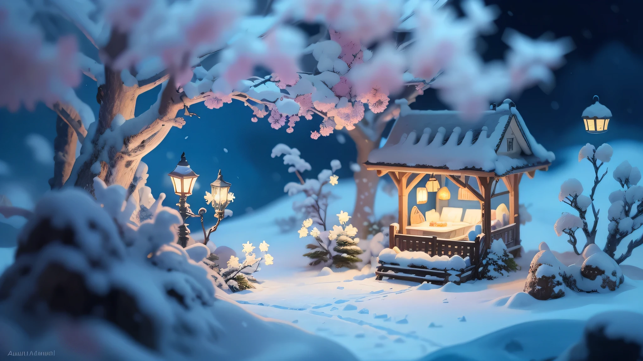 Magic garden miniature scene, delicate light blue snow flowers、soft glowing branches、Illuminated by happy smiling miniatures. 8K Autorealist,snow mountain、hot spring