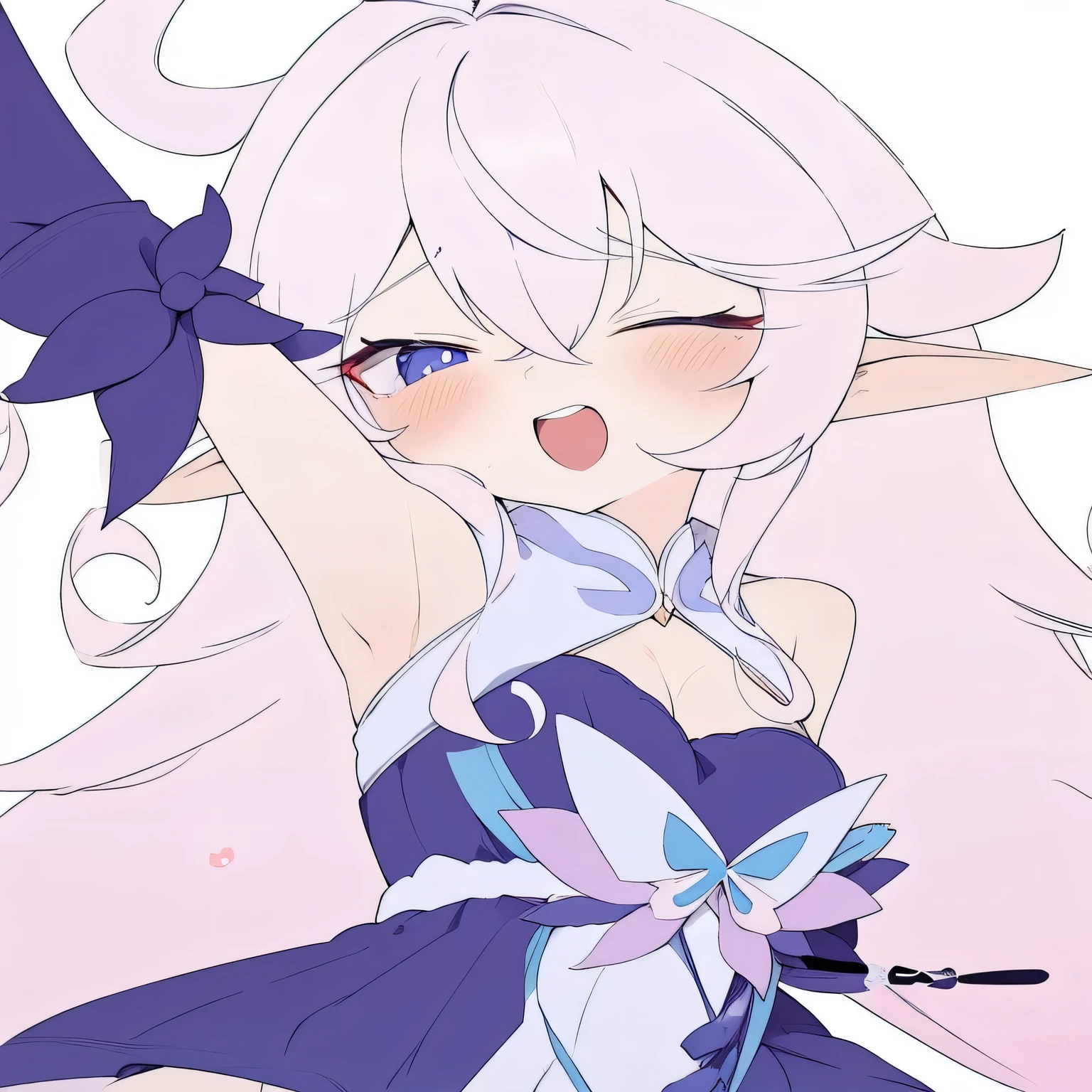 anime girl with pink hair and blue eyes in a purple dress, holding a pudica pose, elf girl wearing an flower suit, coloured line art, in dress, colored lineart, cute anime waifu in a nice dress, soft anime illustration, flat anime style shading, splash art anime , ayaka genshin impact, anime moe artstyle
