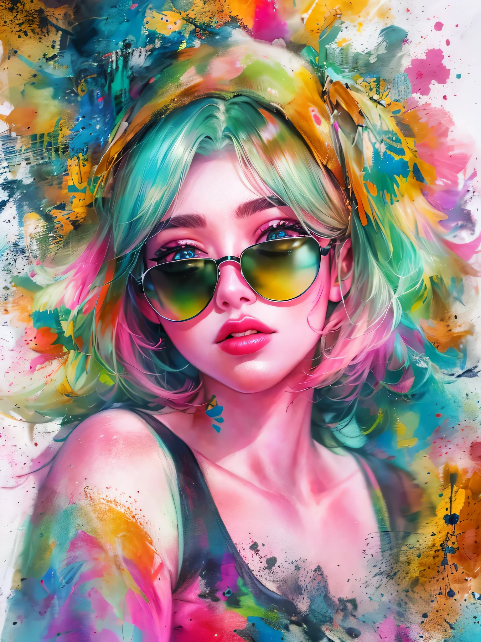 watercolor painting, 8K resolution、((highest quality))、((masterpiece))、((Super detailed))、1 girl、alone、incredibly absurd、 (((most beautiful girl ever))), (((Stylish sunglasses))), lips in love, stylish cap、neon、short cut hair、small breasts, (((graffiti art))), colorful hair, provocative、colorful flowers