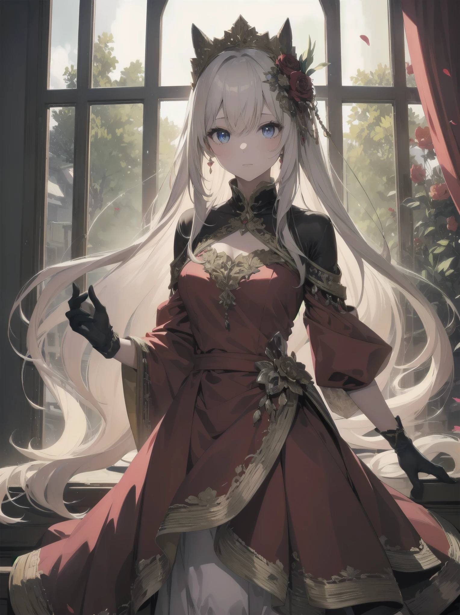 (masterpiece:1.2, best quality), (finely detailed beautiful eyes: 1.2), highres, (beautiful detailed face), (1girl:1.2), BREAK
A character in a red and white dress with gold ornaments stands in front of a red curtain and a window with gold ornaments. The dress is gorgeous and refined, with a multi-layer structure. The character has long and flowing hair with flowers on it, and wears gloves. She has a noble and fragile trait. The light from the window creates a fantastical atmosphere, and the curtain and the window are carefully drawn. The image has a warm tone.