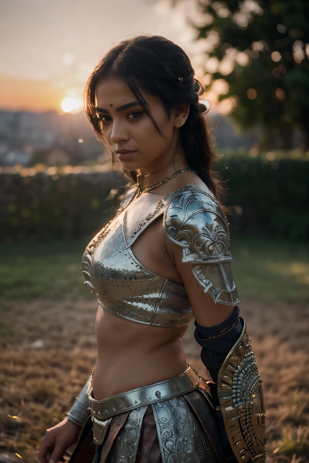 (masterpiece), (extremely intricate:1.3), (realistic), portrait of a Indian girl, the most beautiful in the world, (medieval armor), metal reflections, upper body, outdoors, intense sunlight, far away castle, professional photograph of a stunning woman detailed, sharp focus, dramatic, award winning, cinematic lighting, octane render unreal engine, volumetrics dtx, (film grain, blurry background, blurry foreground, bokeh, depth of field, sunset, motion blur:1.3), chainmail