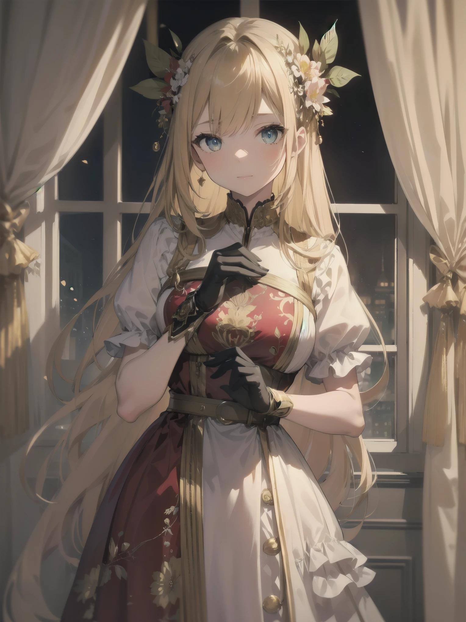 (masterpiece:1.2, best quality), (finely detailed beautiful eyes: 1.2), highres, (beautiful detailed face), (1girl:1.2), BREAK
A character in a red and white dress with gold ornaments stands in front of a red curtain and a window with gold ornaments. The dress is gorgeous and refined, with a multi-layer structure. The character has long and flowing hair with flowers on it, and wears gloves. She has a noble and fragile trait. The light from the window creates a fantastical atmosphere, and the curtain and the window are carefully drawn. The image has a warm tone.