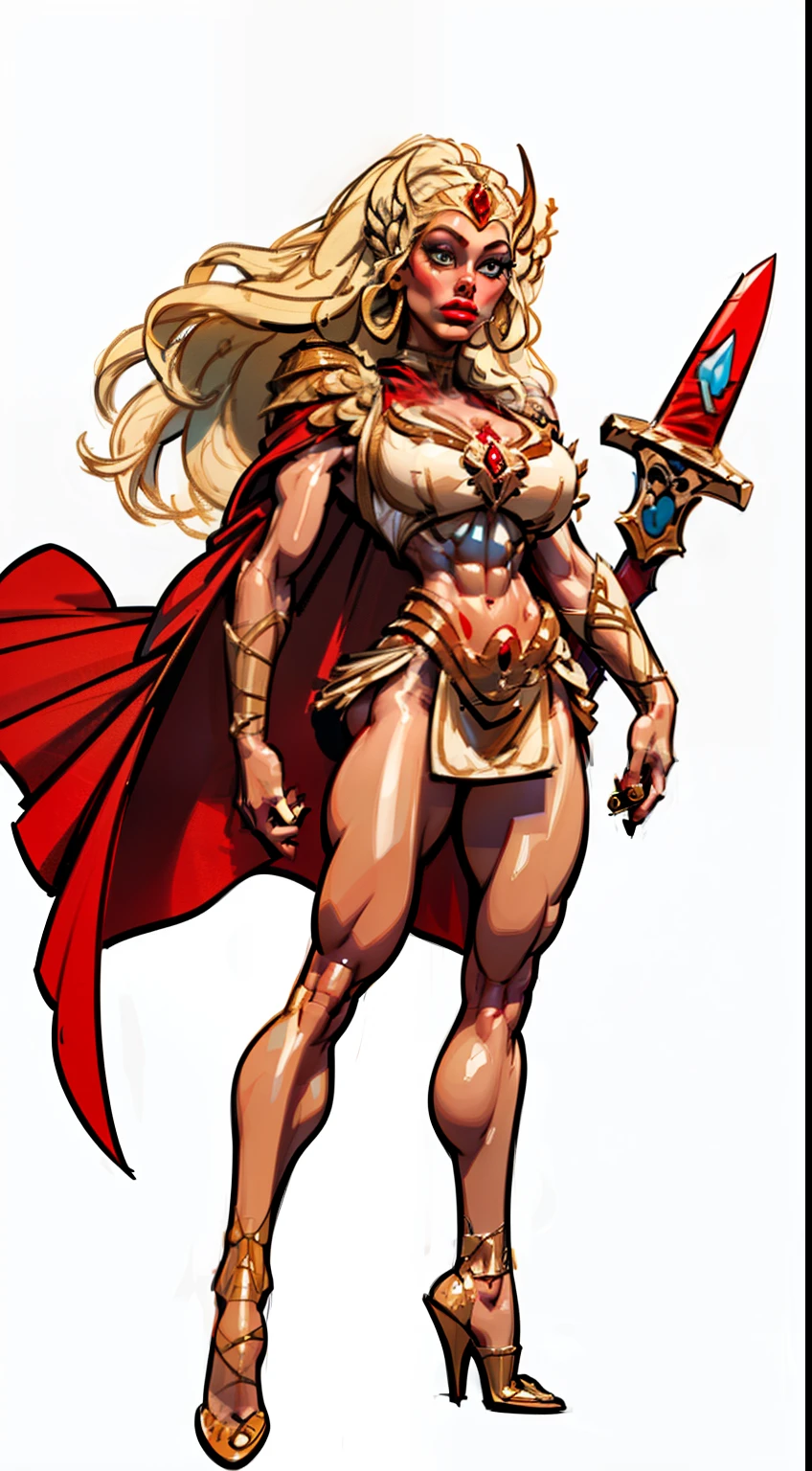 (((she-ra))), ((full body view:1.4)), ((masterpiece)),(((best quality))), ((mature face)), defined cheekbones, high cheekbones, illustration, ((muscular:1.3)), ((gold:1.4)), sexy bimbo, (gigantic breasts:1.7) , blonde hair, ((detailed face:1.4)), ((long flowing hair)), beautiful woman, (small red cape:1.4), colored skin, (white skin:1.4) , (red lipstick:1.4), shiny skin, ((skindentation)), scribbles and marks, (puffy lips:1.4) , (holding sword:1.5), ( at night: 1.5), rough sketches, pose, 8k,16k, ( background, white background: 1.3), (((cool color palette))), ((ancient aesthetic))