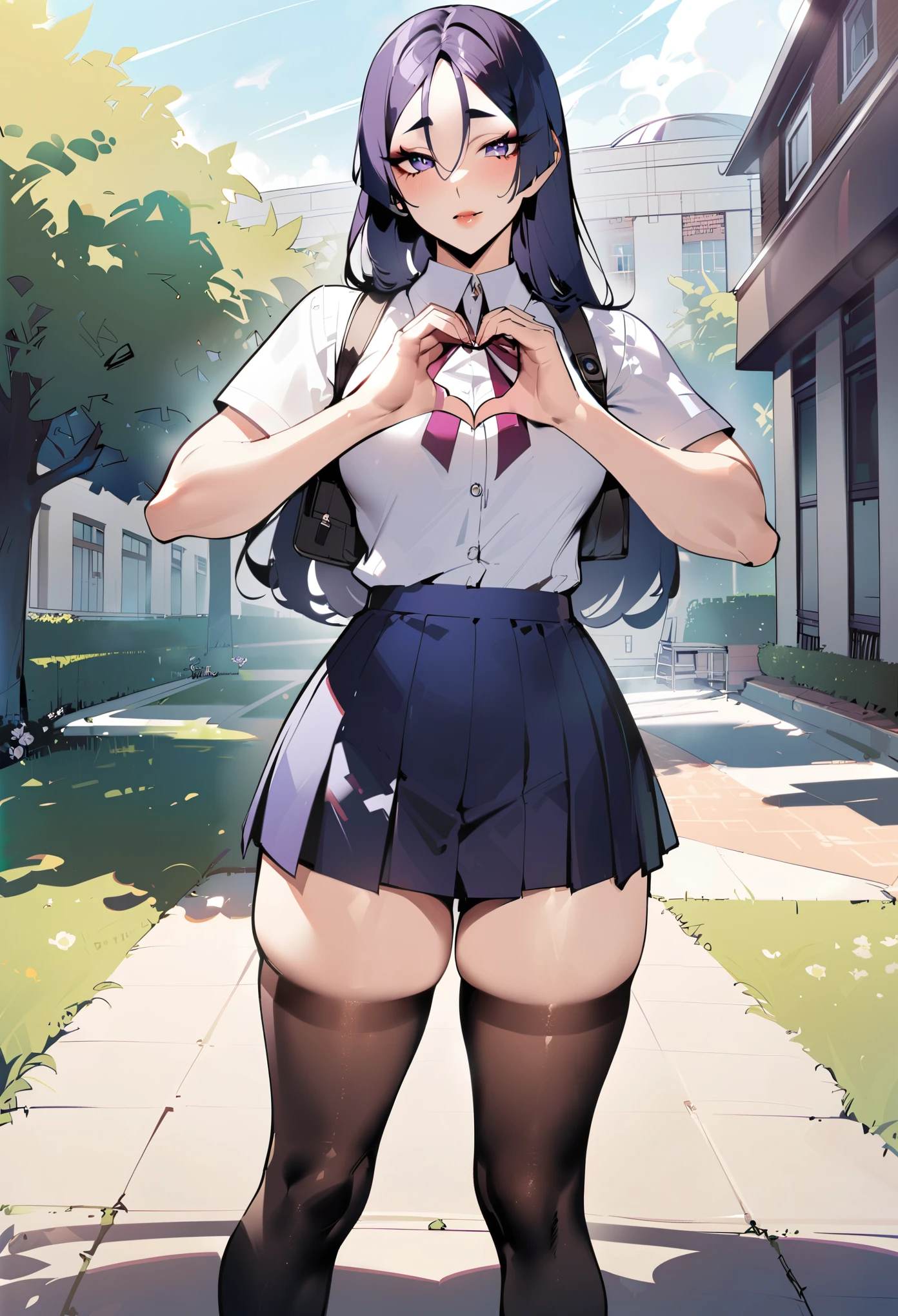 1girl, minamoto no raikou \(fate\), fate/grand order, masterpiece, best quality, newest, perfect anatomy, slim body,purple eyes , detailed eyes, perfect eyes  |||||   by nyantcha, by glassjill|||||  ||||| ,, high school outfit, school skirt,school bag,, black stockings, solo,  posing, school on background, flowers, campus, detailed hands, heart shaped hands