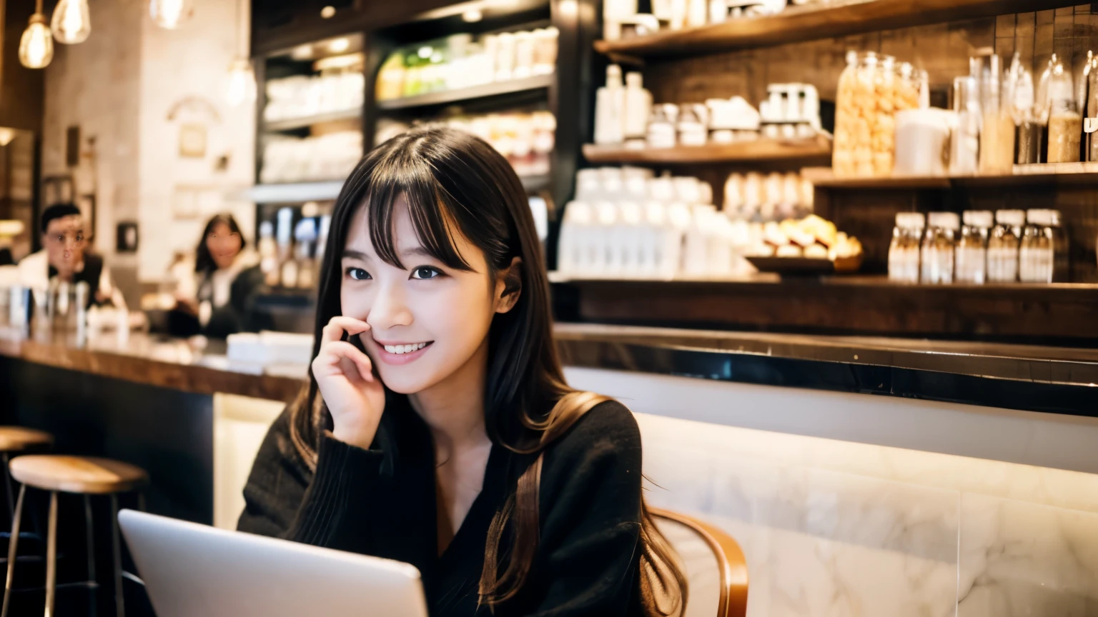 ((最high quality, 8k, masterpiece: 1.3)), perfect face,Inside a stylish cafe in New York where I studied abroad.、A scene in which a model-like beautiful female college student studying abroad is drinking a latte and studying on a laptop.,All around you, you can see other customers enjoying their time.。At the back of the cafe、The staff are busy working at the counter.、You can feel the liveliness and stylish luxury that is typical of a city cafe., sharp focus, 1 girl, Sexy 1.2, , (big: 1.5), fine eyes, Beautiful eyes with long slits, double eyelid, (cat face), (cute Face), cute Smile, (close your mouth), (cute), soft skin, Show the whole body, surreal, super detailed, high quality, (Beautiful female college student studying in a cafe), ((詳細な非常にcute女子大生)), ((胸は隠れているけど服の上から解るぐらいbig胸)),A look that looks at your boyfriend