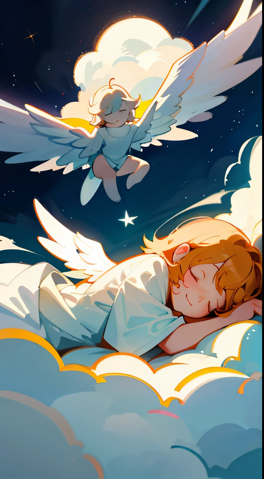 A small , angel sleeping in the clouds, smiling, sunny, warm, perfect composition,night,night,Dark