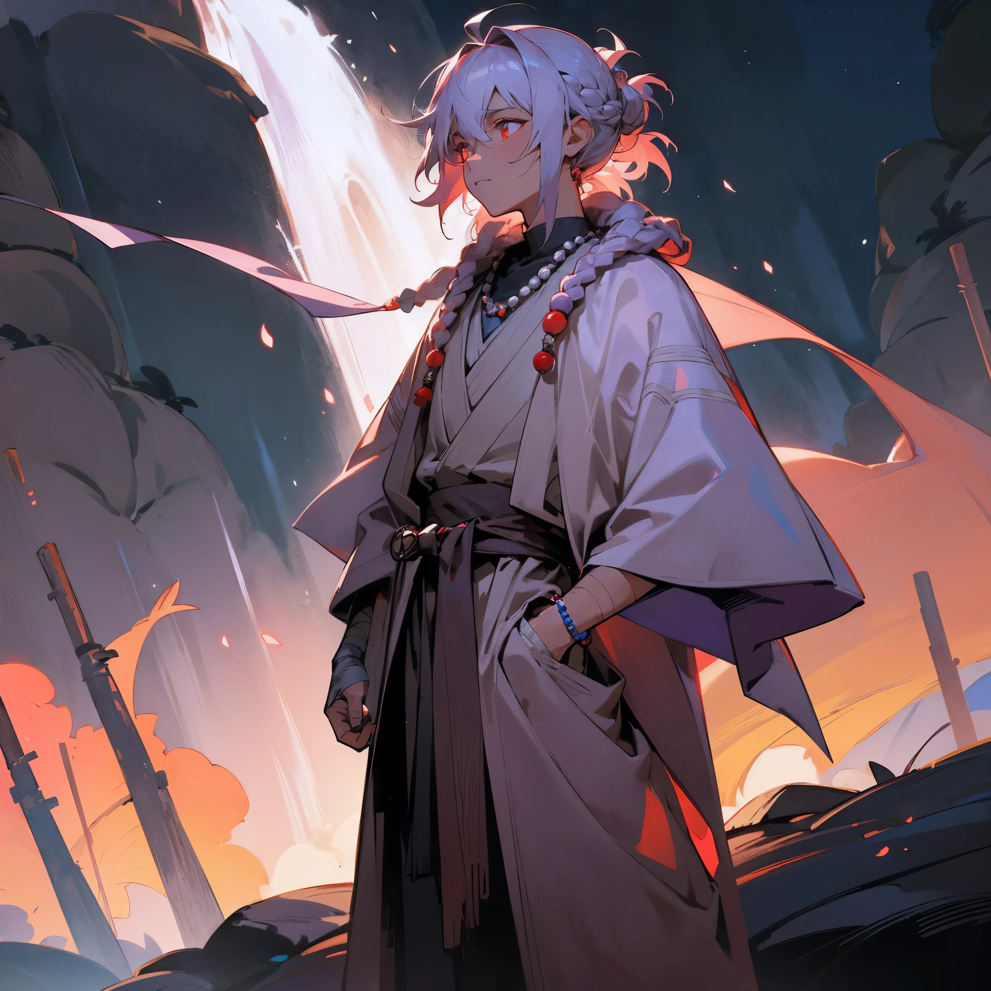 1male, young adult, tan skin, finely detailed glowing coral eyes, medium messy hair with braided man bun, pale lavender hair color, sith robe, poncho, bandages wrapped around arms, bandolier across chest, prayer bead necklace, prayer bead bracelet, standing with hands in pocket, standing on mountain trail, waterfall, night, somber expression