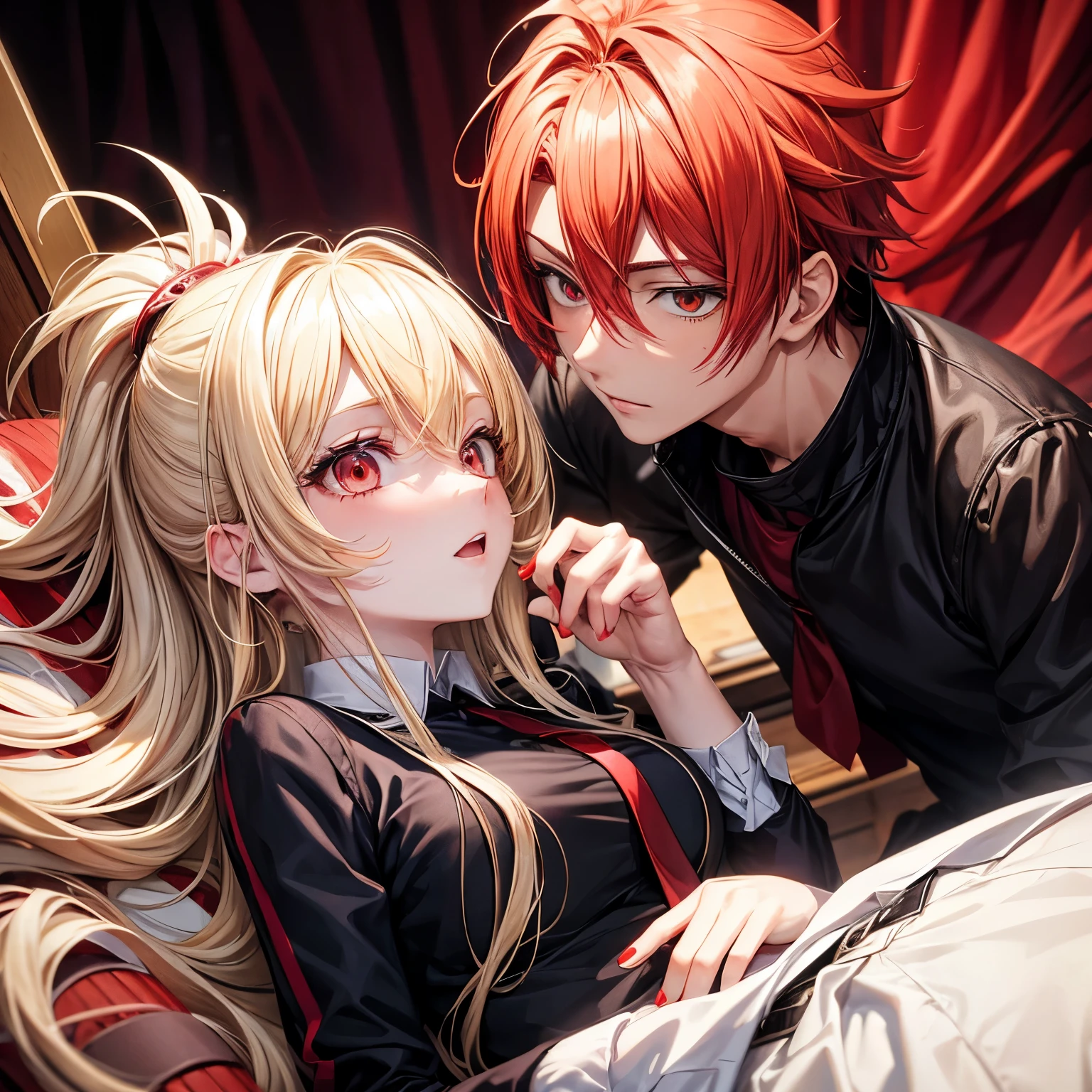 Two muscular men, one with long blond hair. The other has red hair and blue eyes. The two are kissing