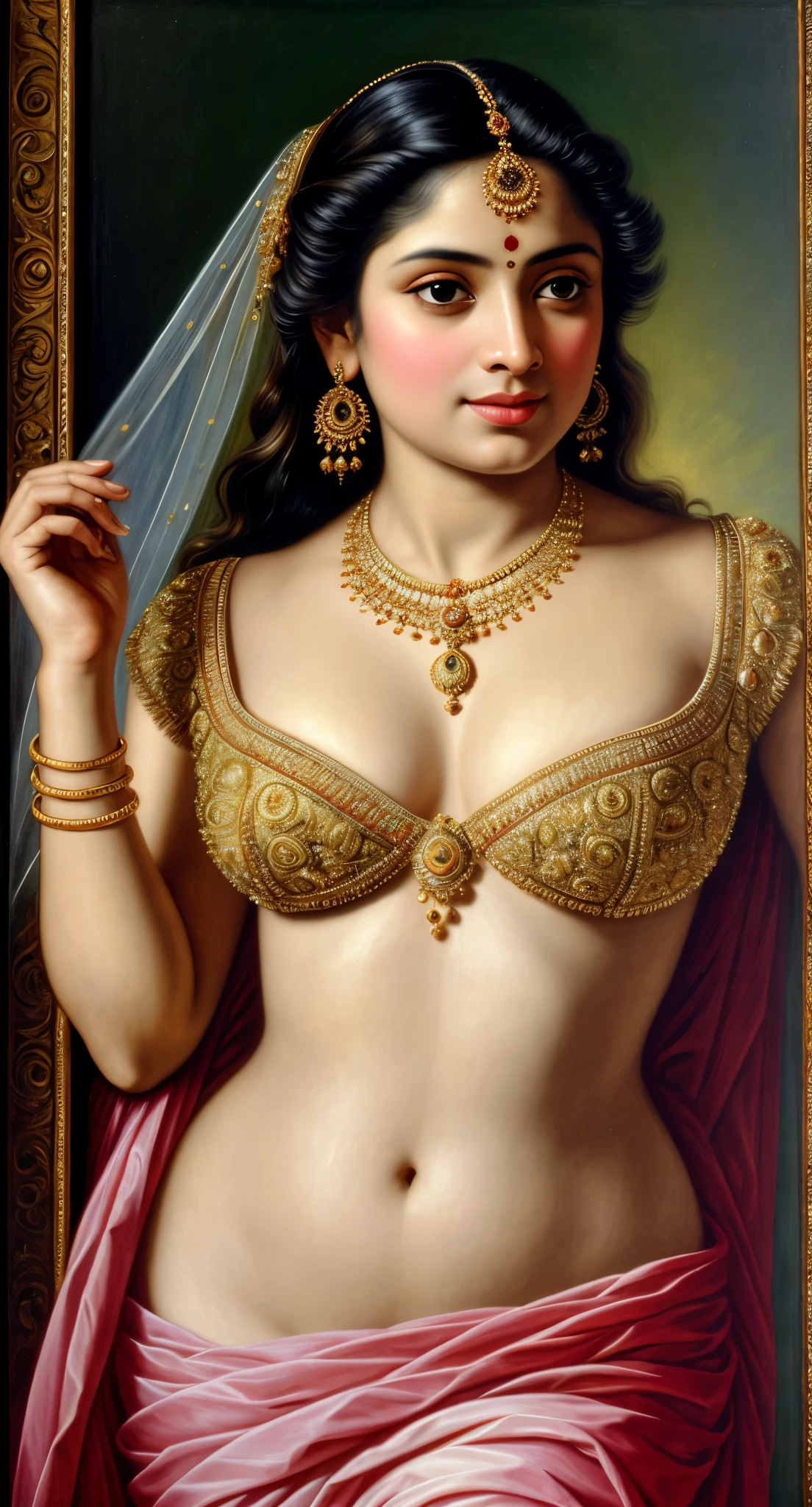 Beautiful Indian Woman, wearing saree, sari Beauty, gorgeous, Apsara, Maharani, royal queen woman, nymph from Hindu Mythology, Urvashi, matchless beauty, Highly detailed, Oil Painting by Peter Paul Rubens inspired by Raja Ravi Varma, Matchless beauty, captivating, gorgeous, heavenly beauty, celestial beauty, by Peter Paul Rubens, 1893, realistic, hyper realistic, micro details, incredible artwork, insane details, ultra High resolution, 8k, 32k, acrylic on canvas, intricate, flawless, detailed, detailed face, detailed eyes, masterpiece, by Peter Paul Rubens, by Caravaggio, by William Adolphe bouguereau, perfect face, perfect body, beautiful art, realism, baroque, renaissance Art, highly textured, beautiful and detailed eyes, uhd, best quality,