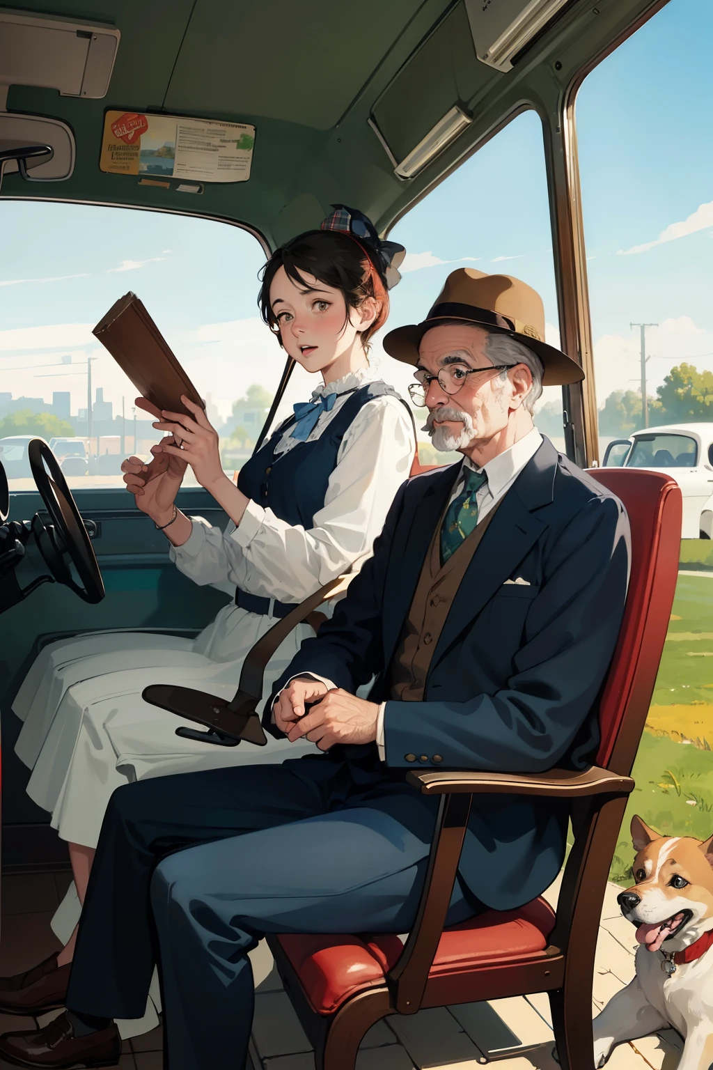 there is a man and woman sitting in a car with a dog, colorized background, colourized, colorized photo, by Art Fitzpatrick, colorized, inspired by Austin Briggs, ( art fitzpatrick ), digitally colored, norman rockwell style, inspired by Henry Justice Ford, in style of norman rockwell, inspired by John French Sloan, full color illustration, a colorized photo