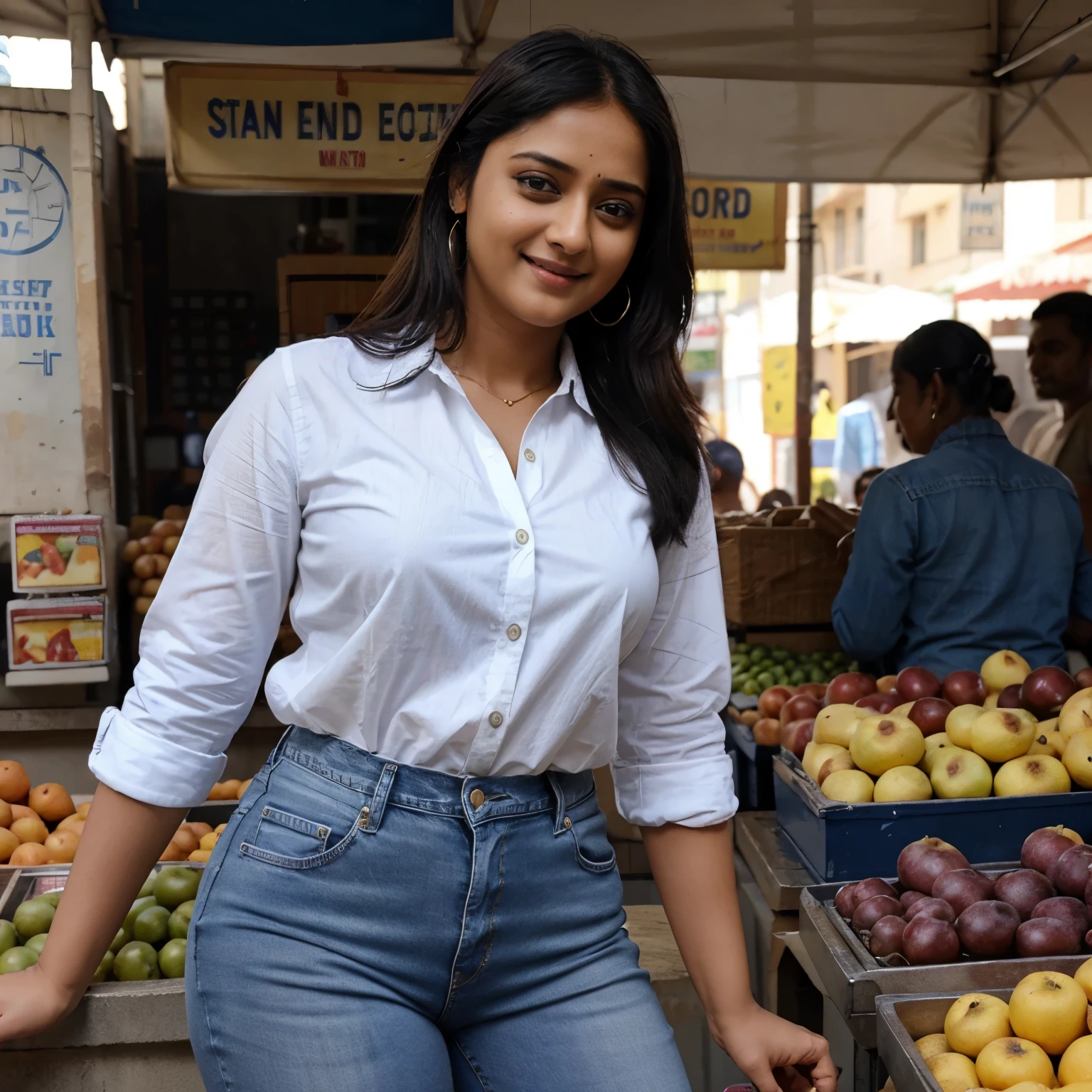 Anushka shetty type cute face in wear Blue Jeans White sleeve Shirt in market Flat decent beautiful smile professional look