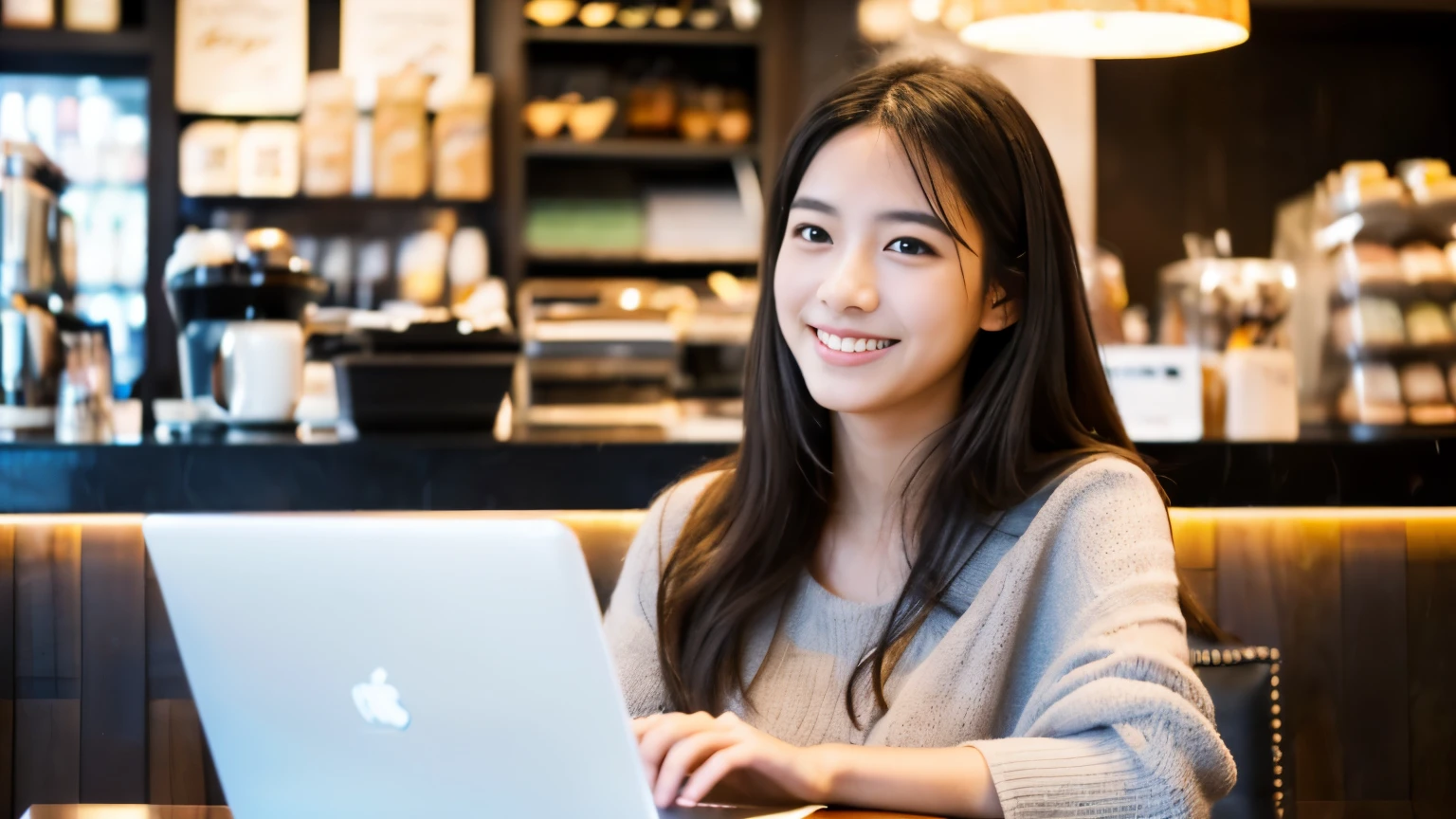((最high quality, 8k, masterpiece: 1.3)), perfect face,Inside a stylish cafe in New York where I studied abroad.、A scene in which a model-like beautiful female college student studying abroad is drinking a latte and studying on a laptop.,All around you, you can see other customers enjoying their time.。At the back of the cafe、The staff are busy working at the counter.、You can feel the liveliness and stylish luxury that is typical of a city cafe., sharp focus, 1 girl, Sexy 1.2, , (big: 1.5), fine eyes, Beautiful eyes with long slits, double eyelid, (cat face), (cute Face), cute Smile, (close your mouth), (cute), soft skin, Show the whole body, surreal, super detailed, high quality, (Beautiful female college student studying in a cafe), ((詳細な非常にcute女子大生)), ((胸は隠れているけど服の上から解るぐらいbig胸)),A look that looks at your boyfriend