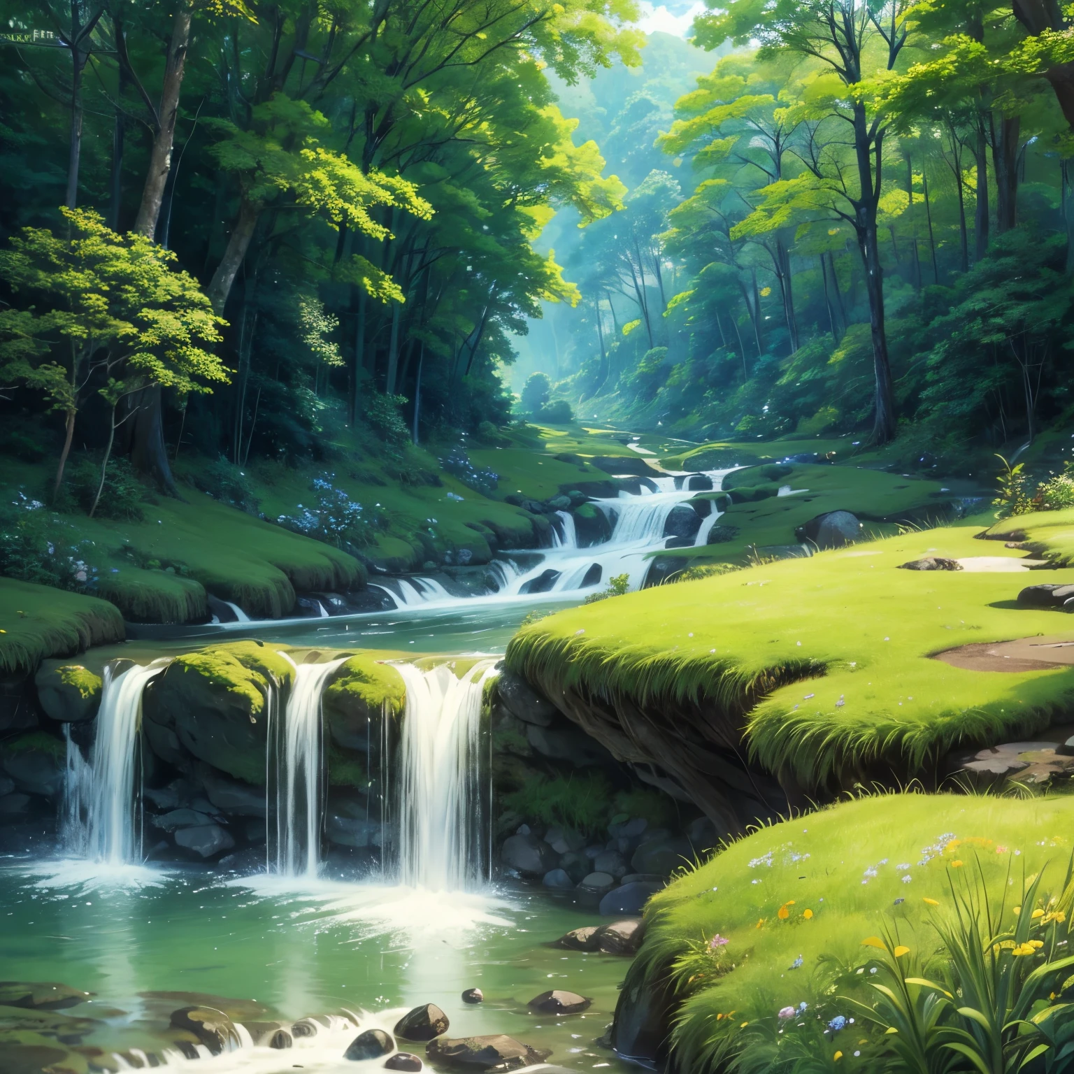 Painting of a small stream flowing through a dense green forest，lush trees, Detailed 4k, mountains, rivers and trees, Anime landscape wallpaper, Beautiful art ultra hd 4k, anime rural scenery, Detailed Landscape—Width 672, Beautiful digital painting, 4k highly detailed digital art, beautiful anime scenery, 8k high quality detailed art, anime nature wallpap, anime nature