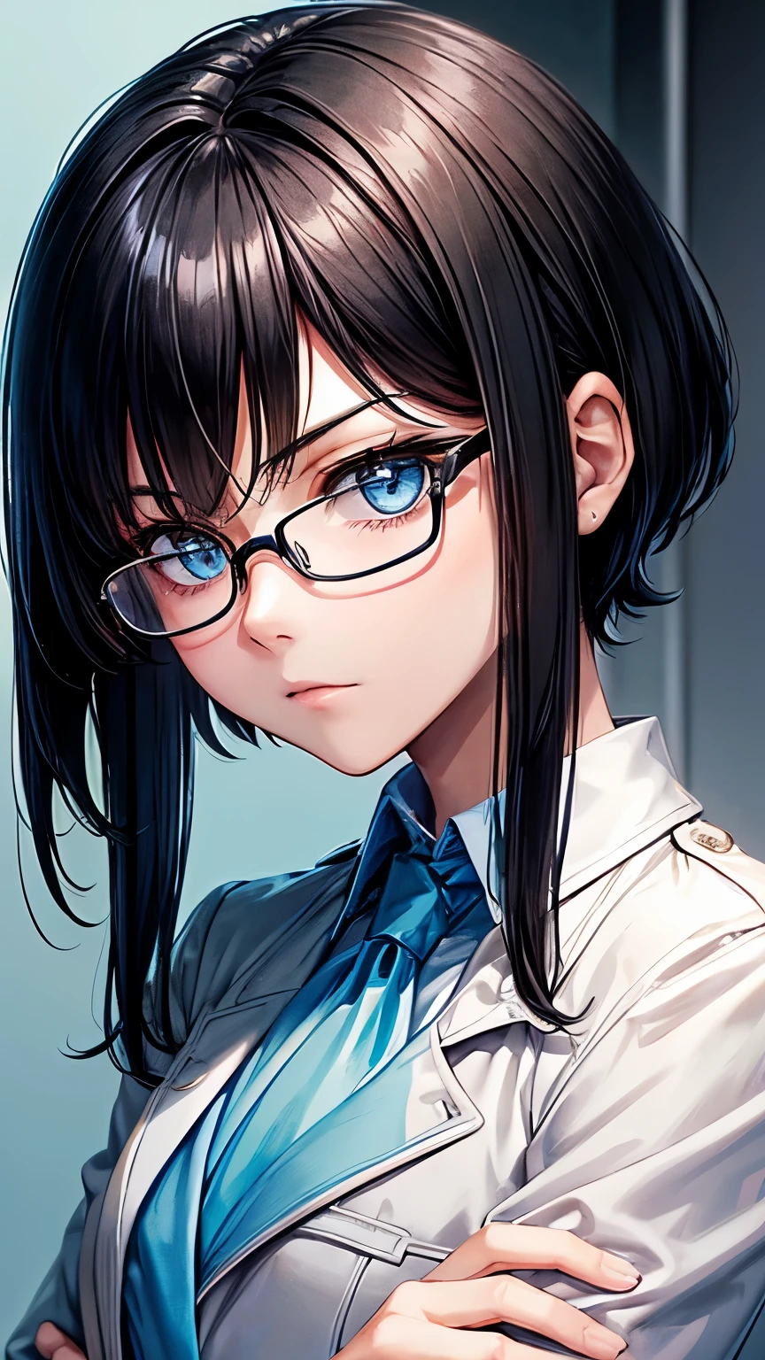 17 years old Japanese high school student boy ((boy’s body shape )),straight hair ((jet-black hair , extra very short hair )),((much shaggy long forelock)),BREAK, older and intrepid face, ((jet-black school blazer, black dress shirt, black slacks )), blue glasses ,BREAK, thin sharp eyes ((shiny pale blue eye, )), blush , BREAK, boring and stressed atmosphere,((face focus:1.3)), his arms folded ,((NSFW))