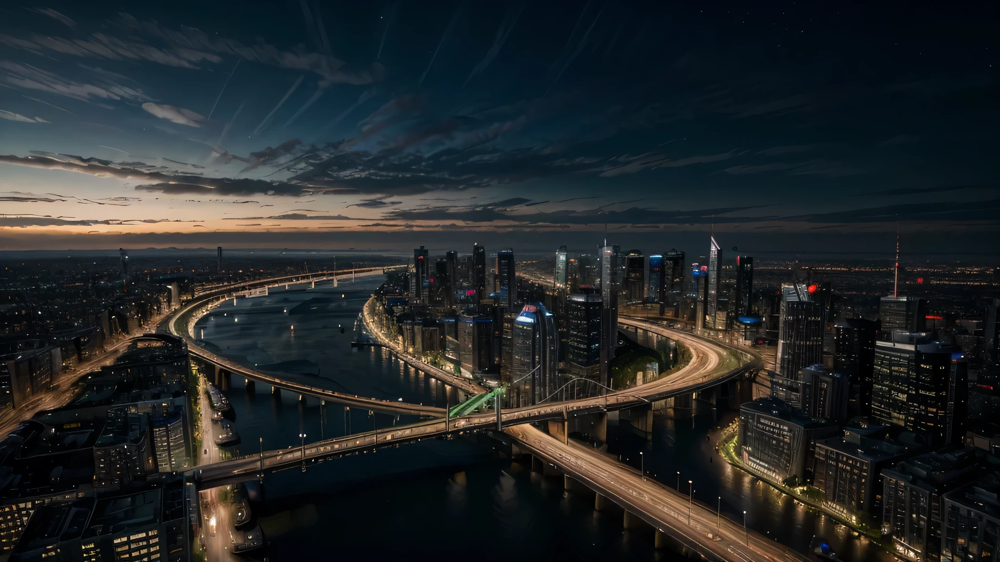 (best quality,4k,8k,highres,masterpiece:1.2),ultra-detailed,(realistic,photorealistic,photo-realistic:1.37),futuristic,sci-fi,city,sprawling panorama,nighttime view,above perspective,flying vehicles,hovering drones,blinking neon lights,colorful glow,high-tech architecture,advanced transportation system,impressive skyscrapers,towering buildings,reflection on the water,winding roads,curved bridges,vibrant nightlife,thousands of city lights,star-filled sky,metropolis of the future,awe-inspiring,glowing billboards,lively streets, bustling crowds,modern technology,advanced AI systems,seamless integration of nature,green spaces within the city,vertical gardens,large glass windows,hi-tech pedestrian walkways,elevated platforms,sleek design,aesthetic appeal,smooth and shining surfaces,sharp edges,metallic structures,imposing presence,graceful curves,dynamic energy,sense of movement,enchanting ambiance,epic proportions,limitless possibilities,strategic city layout,sustainability,powerful contrast between light and shadow,futuristic street art,dramatic perspective,immersive experience.