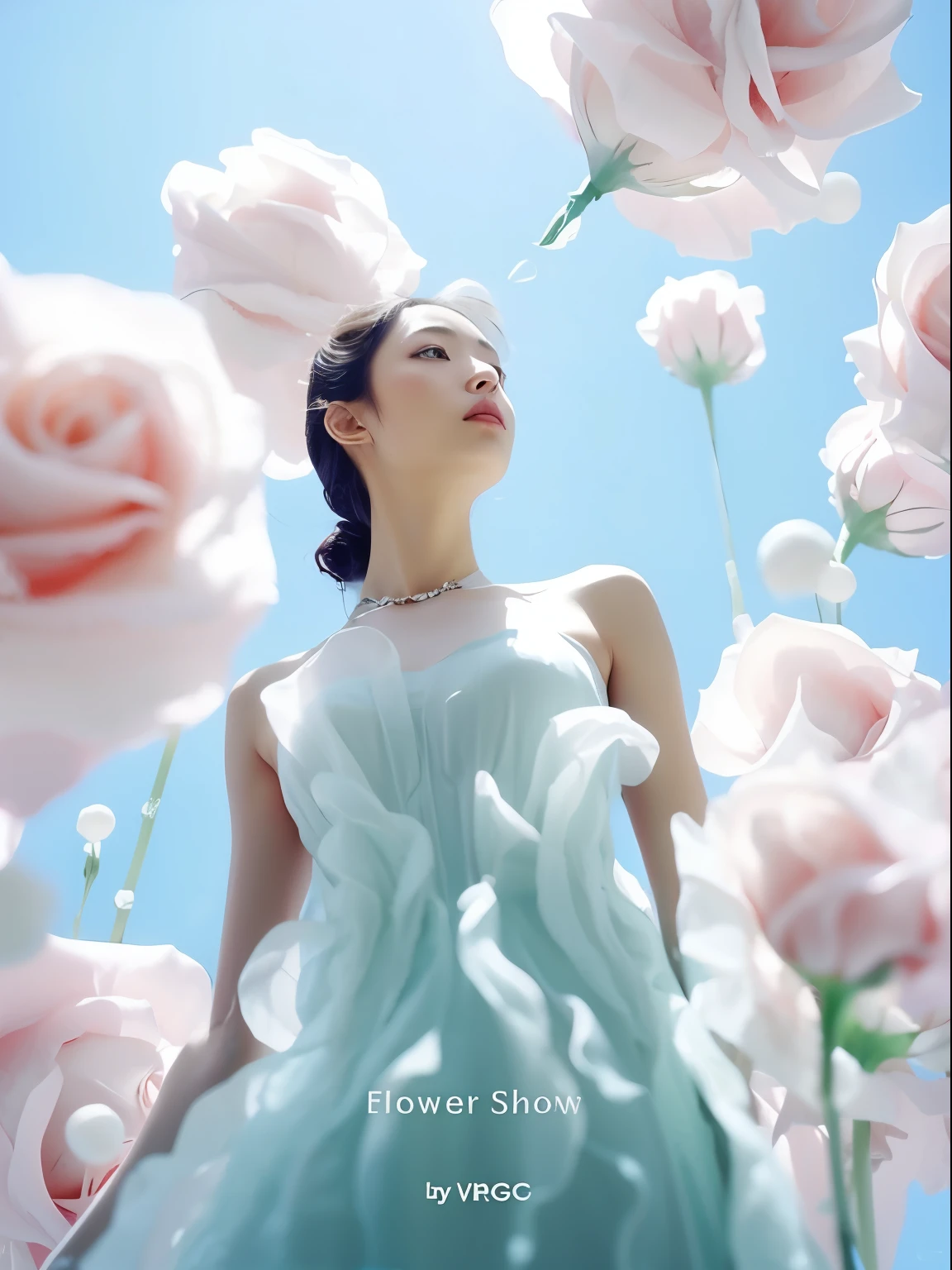 a close up of a woman in a dress with a flower on it, by Oliver Sin, endless flowing ethereal drapery, beautiful flowing fabric, flowing fabric, flowing dress, flowing realistic fabric, inspired by Yanjun Cheng, flowing gown, long flowing fabric, by Chen Lin, by helen huang, incredibly ethereal, ethereal beauty, ethereal!!!!!!!, with bloom ethereal effects