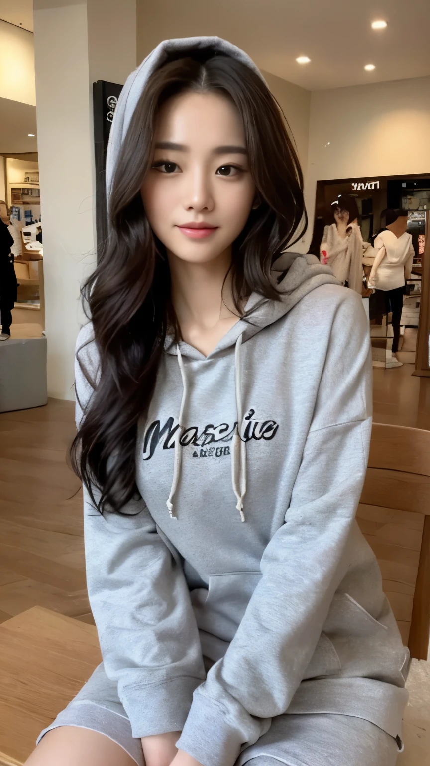 ((top-quality、8k、​masterpiece:1.3))、Beautiful woman with perfect body:1.4、slim abdomen:1.2、Longhair, normal breast, Highly detailed facial and skin texture, A detailed eye, delicate eyes, double eyelid, (smile), (full body shot), ((shopping mall)), (sitting on the bench 1.1), ((wearing hoodie)), looking in front