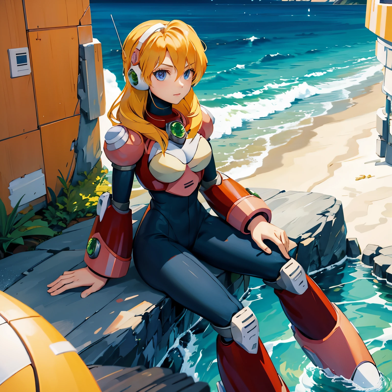 alia_megamanx, 1girl, solo, breasts, blue eyes, blonde hair, android, long hair, robot ears, masterpiece, high quality, overlooking the ocean on the edge of a rock, in the style of avian-themed, realistic yet stylized, villagecore, azure, orange and azure, dragoncore, aerial view