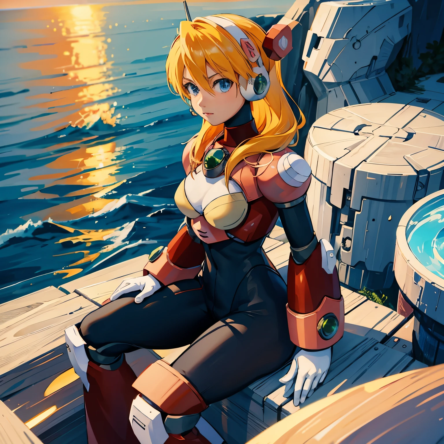 alia_megamanx, 1girl, solo, breasts, blue eyes, blonde hair, android, long hair, robot ears, masterpiece, high quality, overlooking the ocean on the edge of a rock, in the style of avian-themed, realistic yet stylized, villagecore, azure, orange and azure, dragoncore, aerial view