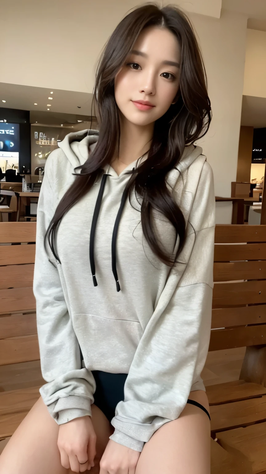 ((top-quality、8k、masterpiece:1.3))、Beautiful woman with perfect body:1.4、slim abdomen:1.2、Longhair, normal breast, Highly detailed facial and skin texture, A detailed eye, delicate eyes, double eyelid, (smile), (full body shot), ((shopping mall)), (sitting on the bench 1.1), ((wearing hoodie)), looking in front