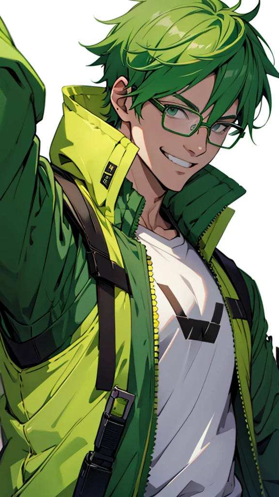 green hair, bespectacled, smile, male, one person, yellow tactical jacket, anime, UHD, 8k