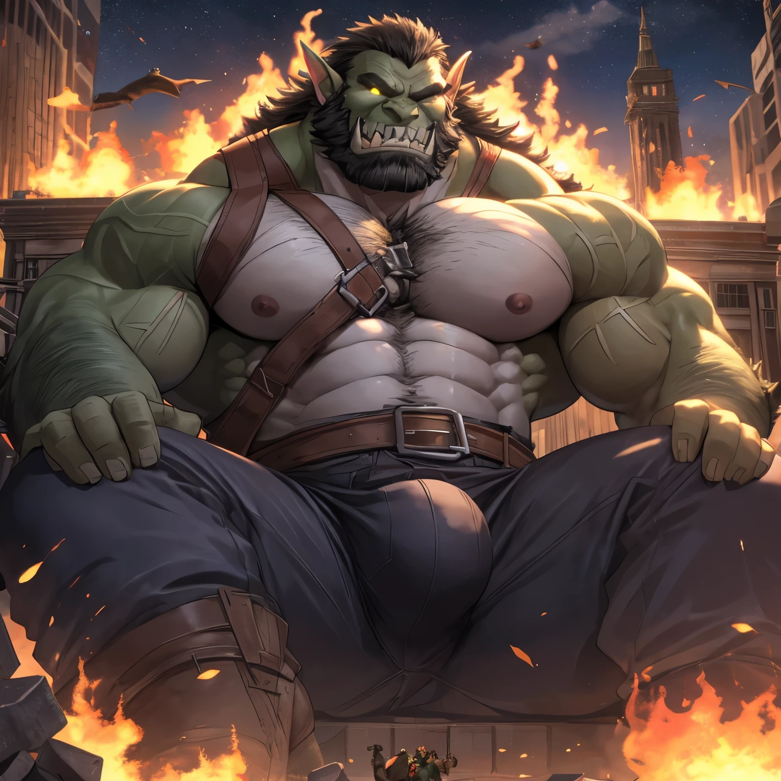 Orc, male, Strong build, green hairy skin, chest hair, black beard, long sharp teeth, large thick lower canine teeth, thick pointed ears, (glowing eyes: 1.2), giant sized, no pants, larger than city, reclining on a battlefield, buckled boots, stepping on building, rampage, impact, his foot is breaking the ground, wearing a rag around waist, looking down, evil smile, thick arms, thick thighs, (large pecs: 1.4), fat pecs, (bara pecs: 1.6), macro, landscape dwarfing, city destruction, building destruction, ruined city, city on fire, city dwarfing, giant bulge in pants, tiny human soldiers