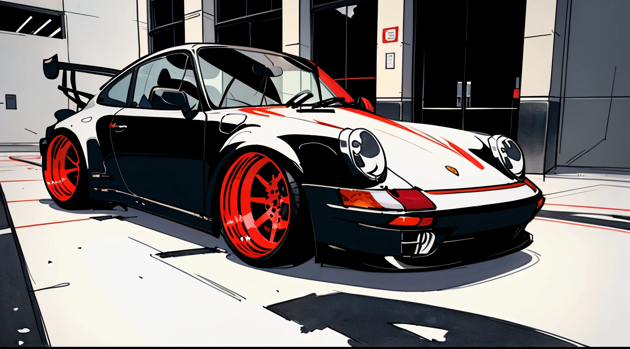 
Porsche 911 rwb, wide body, sketch, 
cartoonish, comic strip, rendering, chrome wheels, bagged, slammed to the ground, empty parkinglot, style dessin manga, couleur