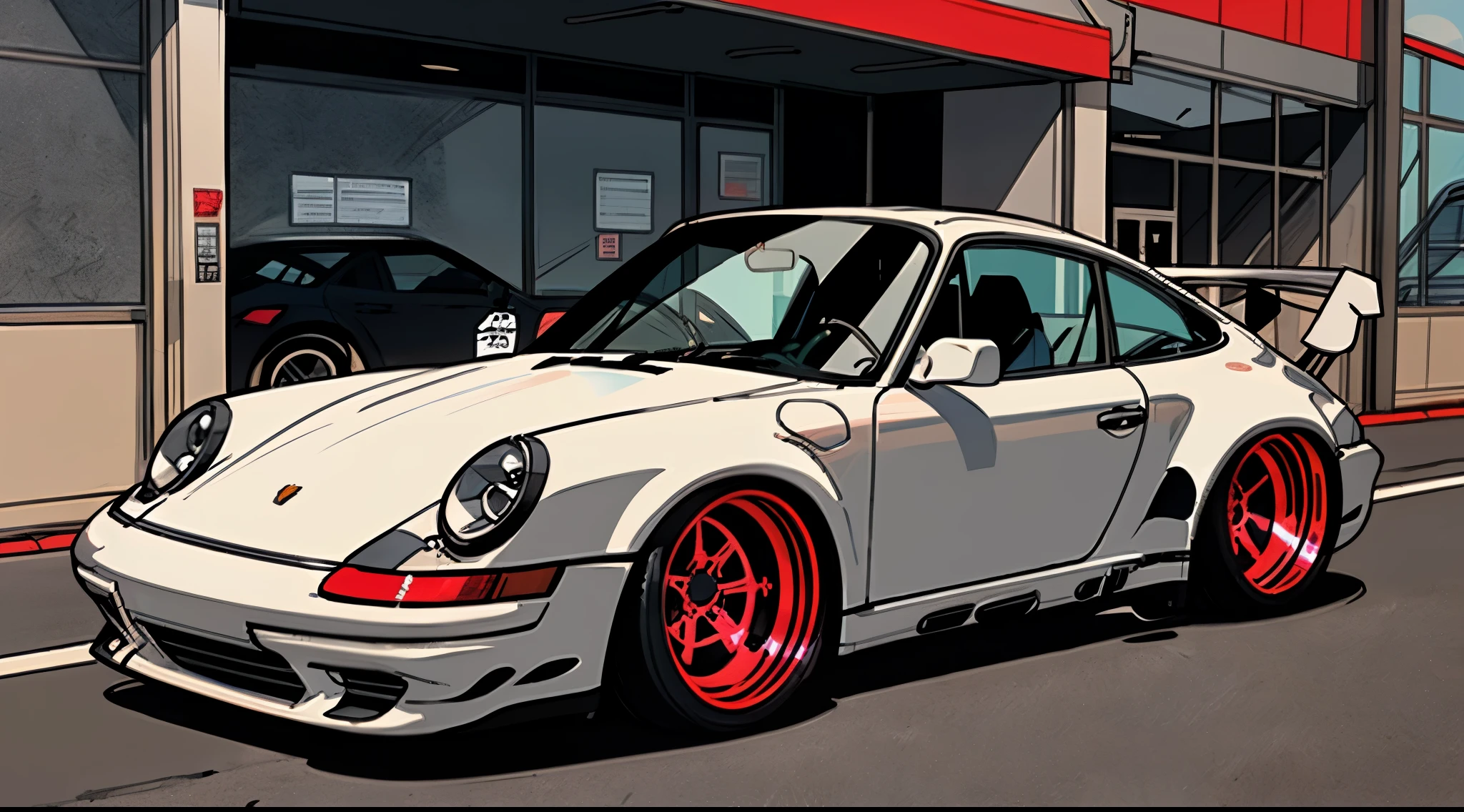 
Porsche 911 rwb, wide body, sketch, 
cartoonish, comic strip, rendering, chrome wheels, bagged, slammed to the ground, empty parkinglot, style dessin manga, couleur