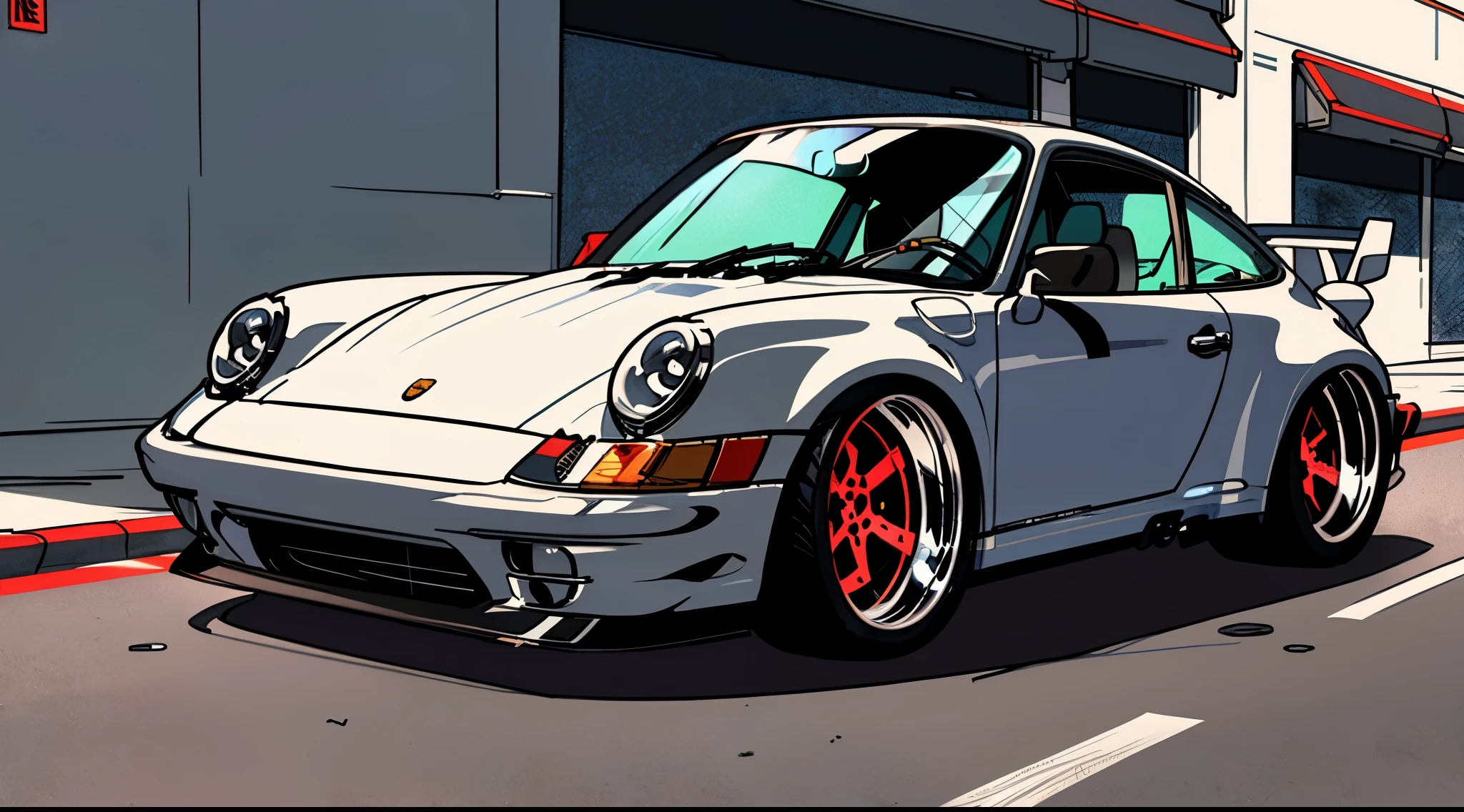 
Porsche 911 rwb, wide body, sketch, 
cartoonish, comic strip, rendering, chrome wheels, bagged, slammed to the ground, empty parkinglot, style dessin manga, couleur