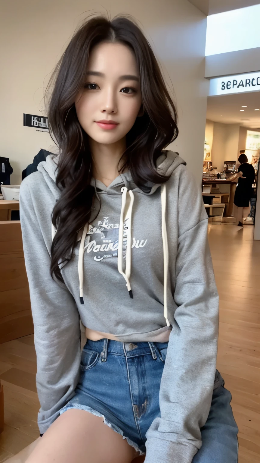((top-quality、8k、masterpiece:1.3))、Beautiful woman with perfect body:1.4、slim abdomen:1.2、Longhair, normal breast, Highly detailed facial and skin texture, A detailed eye, delicate eyes, double eyelid, (smile), (full body shot), ((shopping mall)), (sitting on the bench 1.1), ((wearing hoodie)), looking in front