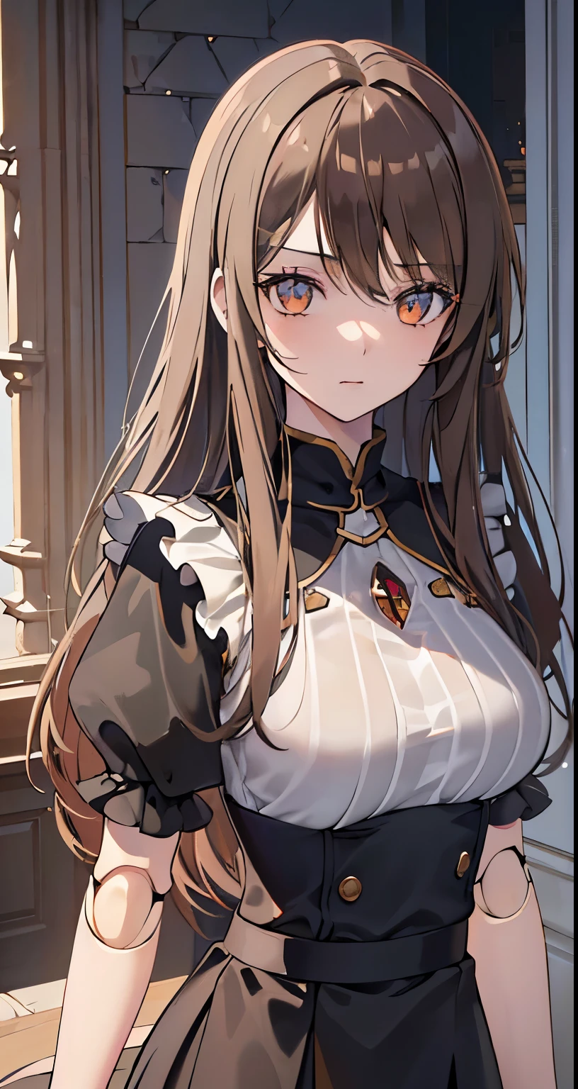 ((Beautiful Beautiful Girl)),(glay eyes), 1  and slender woman, degree々big breasts, ((brown beige hair)),((Medium long Hair)),In 8K, top quality, (highly detailed head: 1.0), (very detailed face: 1.0), (highly detailed hair: 1.0),((sheer black clerical costume)), Detailed official artwork, clean detailed anime art,((Doll joints)),((ruins))