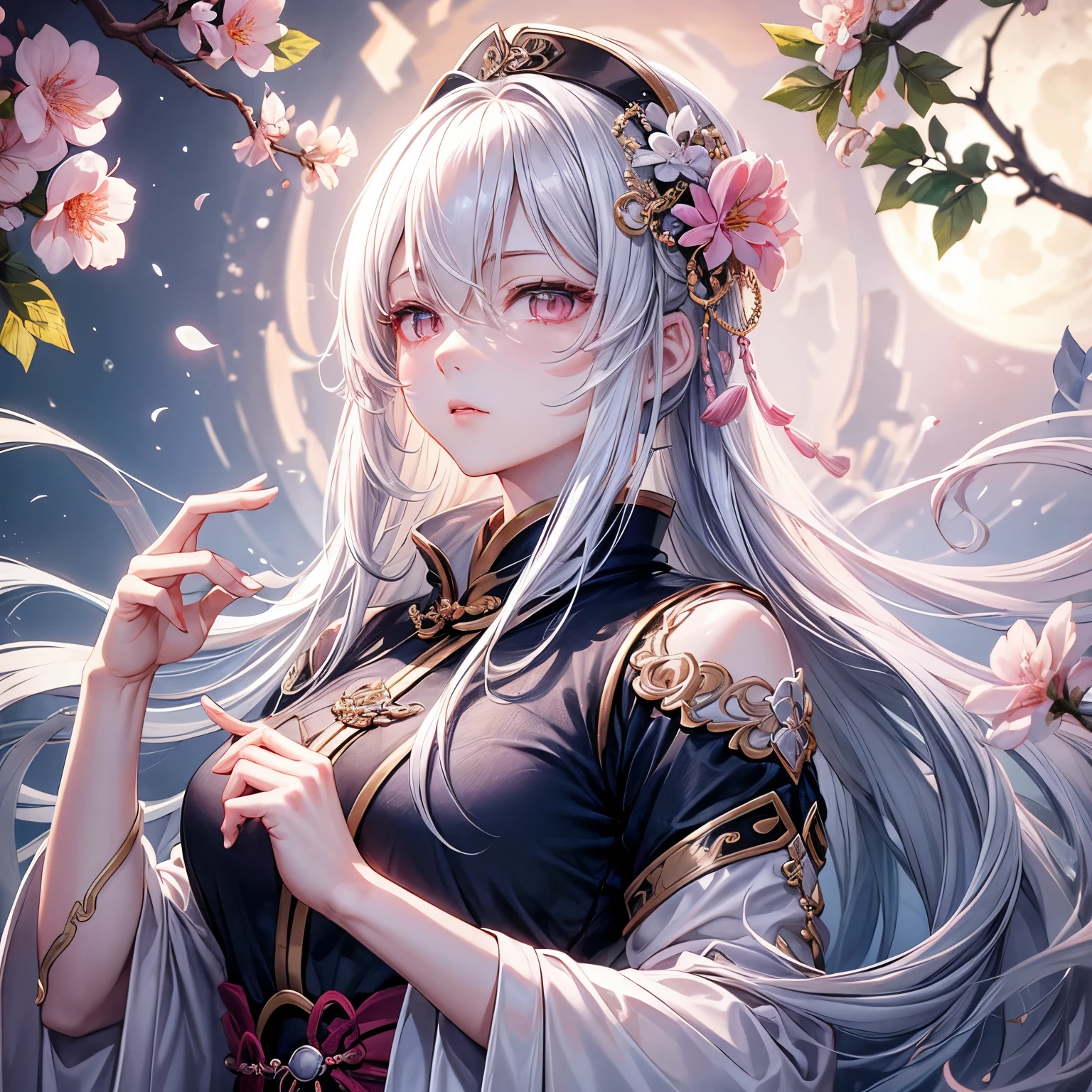 Masterpiece Good Night Full Moon 1 Female Sister Yu Jie is cold-faced and expressionless, a woman with long silver-white hair, pale pink lips, calm and intellectual, three-band gray-eyed assassin short sword, flowers, Hand details, Finger details,