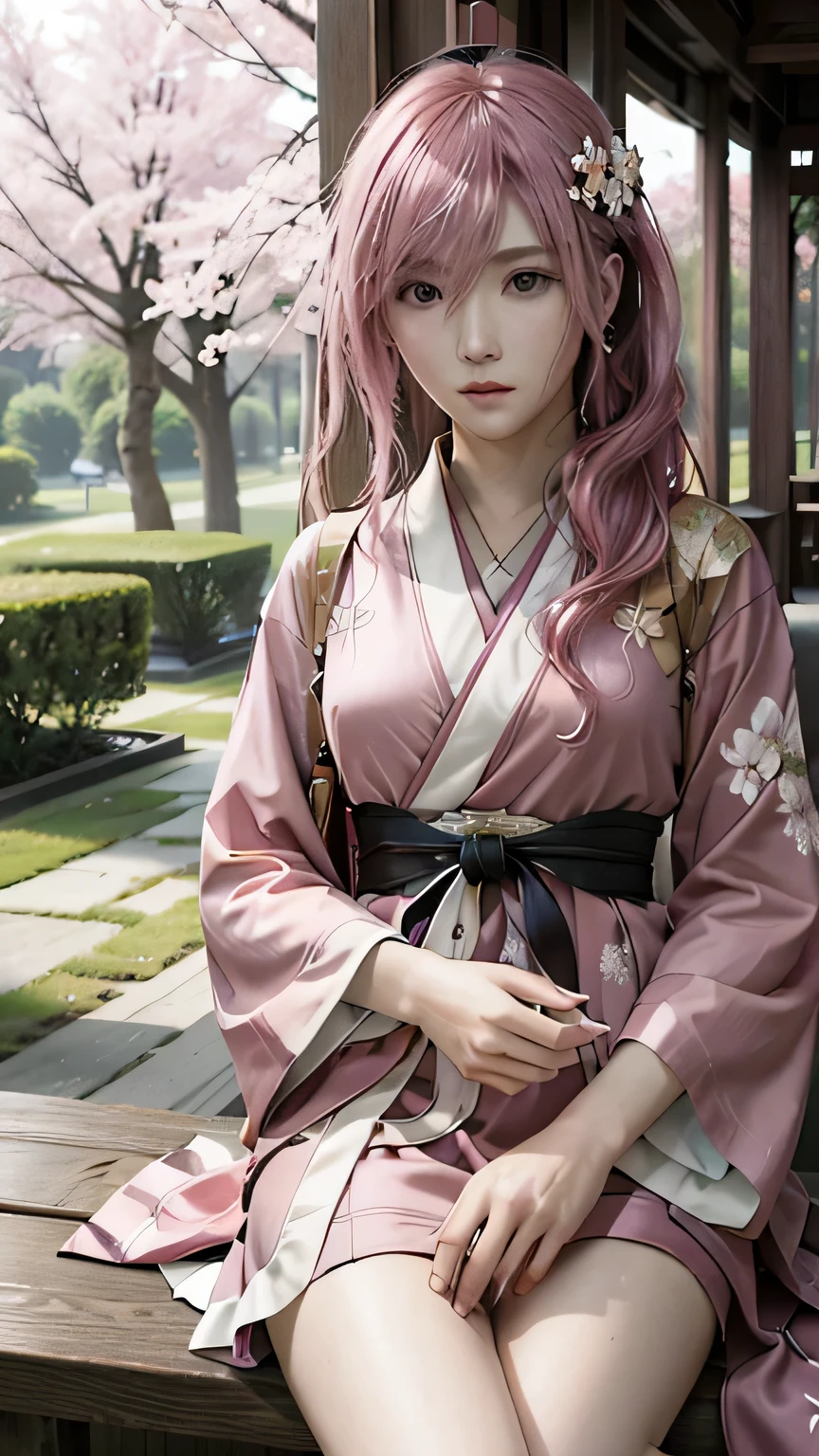 (masterpiece, highest quality:1.3)
 1 girl, alone, long hair, pink hair、Beautiful red kimono、Cherry tree in full bloom、garden