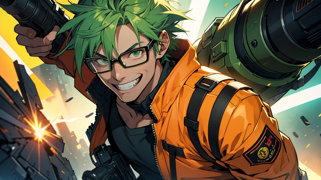 green hair, bespectacled, smile, male, one person, orange tactical jacket, double teeth, gun shot, anime, UHD, 8k