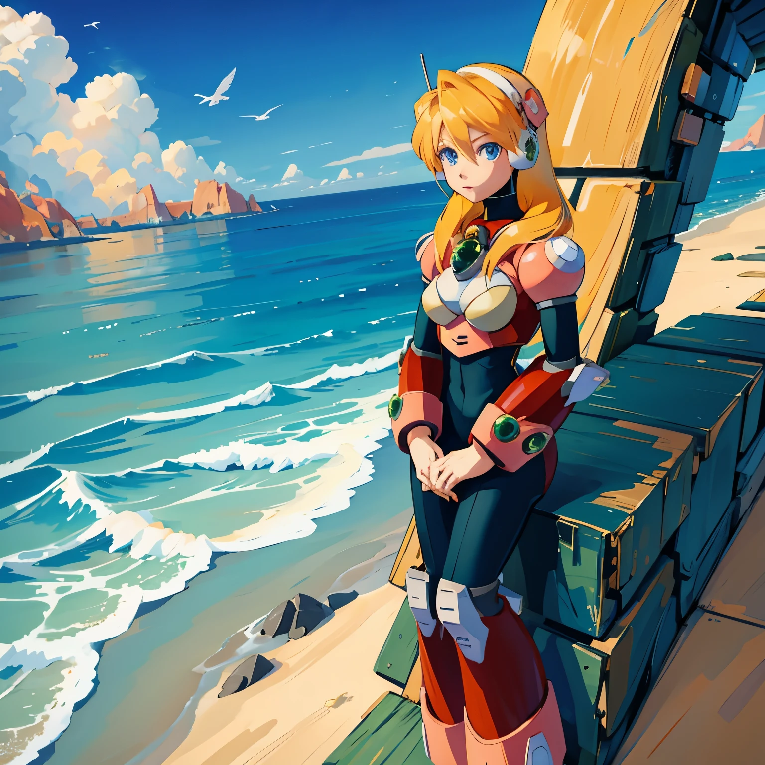 alia_megamanx, 1girl, solo, breasts, blue eyes, blonde hair, android, long hair, robot ears, masterpiece, high quality, overlooking the ocean on the edge of a rock, in the style of avian-themed, realistic yet stylized, villagecore, azure, orange and azure, dragoncore, aerial view