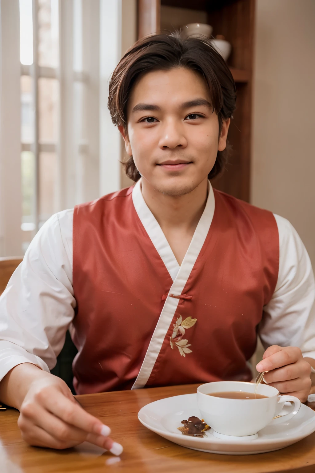In front of a folding screen, there is a table with a man in traditional Chinese attire sitting behind it. He has a plump face, bright and spirited eyes, with skin possibly bearing a soy sauce hue, and a white beard. On the table, there are teacups and a fan