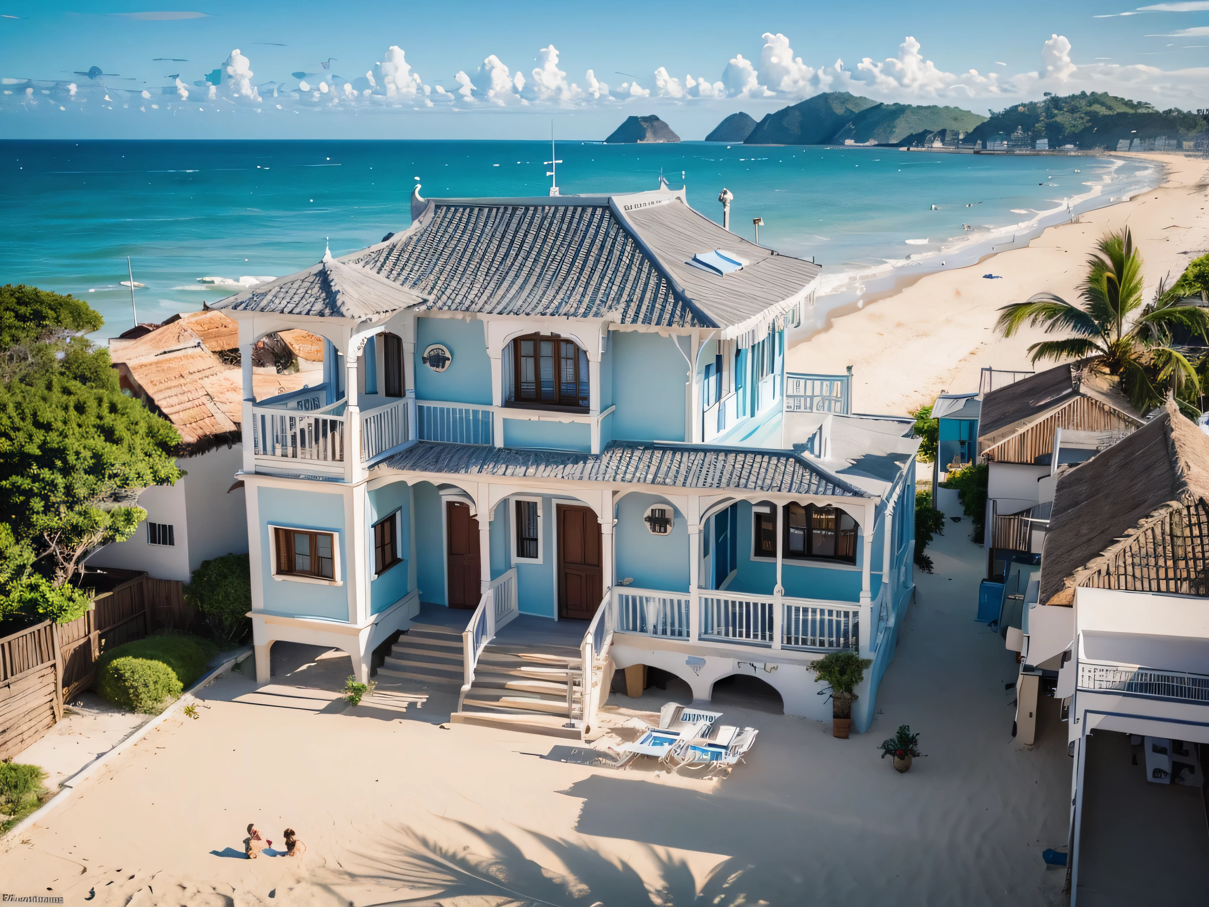 beach，Seaside cottage, blue-sky, Brazil, small boats, the detail, 8K high-definition, Best quality，ultra - detailed, lamplight，The best shadow，tmasterpiece，A high resolution，professionalartwork，famousartwork