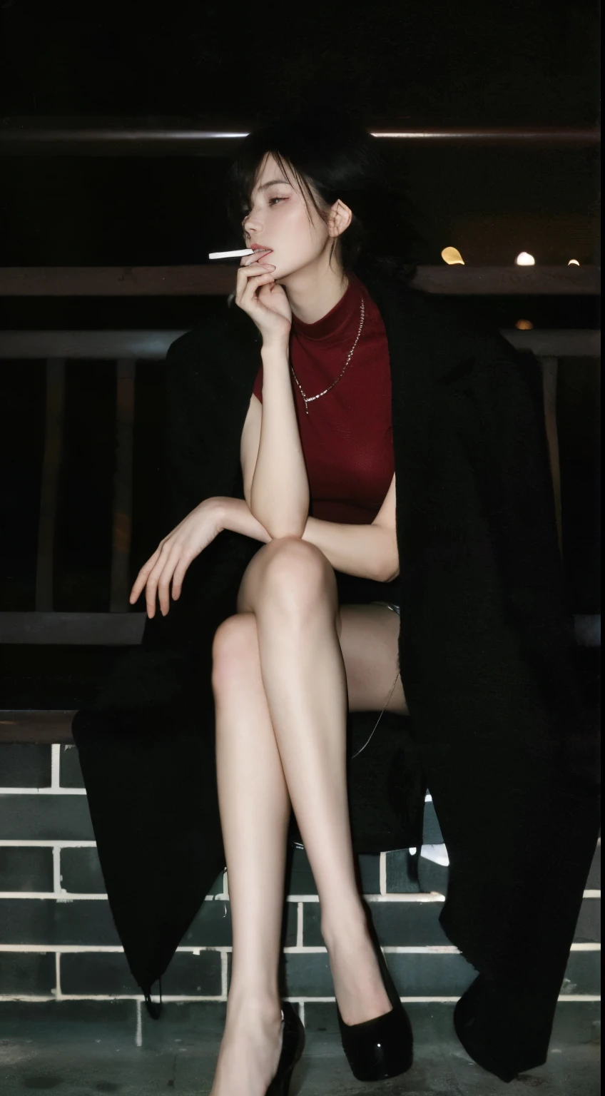 there is a woman sitting on a bench smoking a cigarette, woman smoking cigarette, inspired by Nan Goldin, in style of nan goldin, woman smoking a cigarette, neo - noir style, smoking woman, dramatic smoking pose, cigarette, background ( dark _ smokiness ), in style of kar wai wong, elle fanning at night, sensual gloomy style