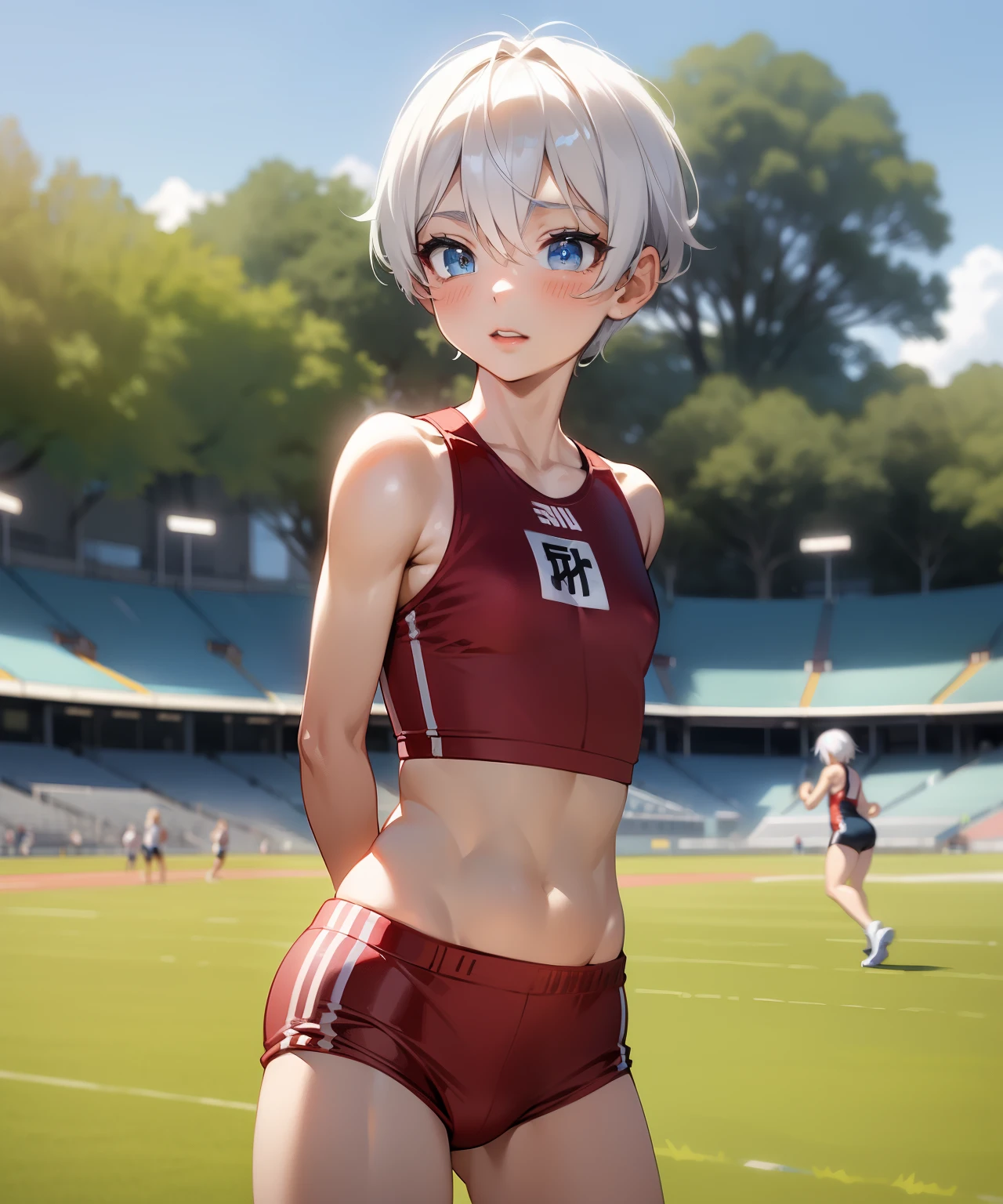 solo images、10 year old boy with white hair,Tree eyes ,Cold eyes、cool look、beautiful boy、long eyelashes、 blue eyes,arms are small々muscular,skinny short hair、Red Track Uniform with navel and arms visible、Running Pose、athletics stadium background