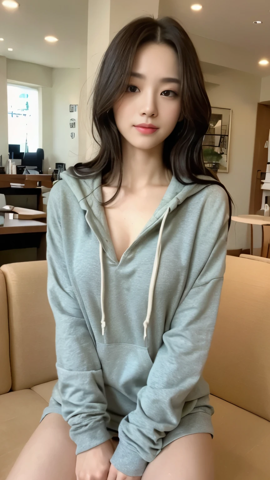 ((top-quality、8k、masterpiece:1.3))、Beautiful woman with perfect body:1.4、slim abdomen:1.2、Longhair, normal breast, Highly detailed facial and skin texture, A detailed eye, delicate eyes, double eyelid, (smile), (full body shot), ((shopping mall)), (sitting on the bench 1.1), ((wearing hoodie)), looking in front