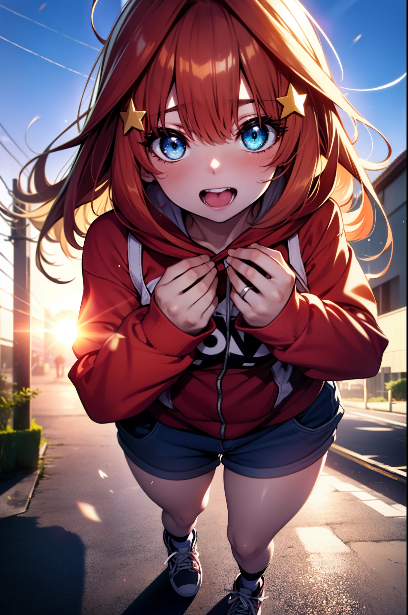 itsukinakano, Itsuki Nakano, bangs, blue eyes, hair between eyes, Ahoge, redhead, star \(symbol\), hair ornaments, star hair ornaments,smile,blush,wearing a hood,red oversized hoodie,shorts,white knee high socks,high cut sneakers,(great laugh:1.1), (open your mouth:1.1), (wide open eyes:1.2), glare of the sun, Bokeh, Depth of the bounds written, blurred background, particles of light, strong wind, (heart particles:1.1)
break outdoors, In town,Destroy the building area (masterpiece:1.2), highest quality, High resolution, unity 8k wallpaper, (figure:0.8), (detailed and beautiful eyes:1.6), highly detailed face, perfect lighting, Very detailed CG, (perfect hands, perfect anatomy),