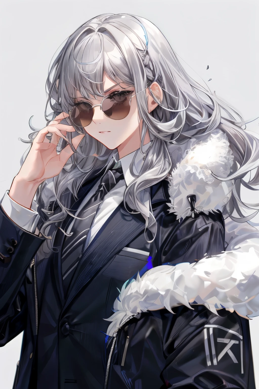 Drag sister，grey hair，ENTJ，sunglasses，Shoulder-length-hair，((Wavy Hair))，(haven't bangs)，Serious，suit and tie