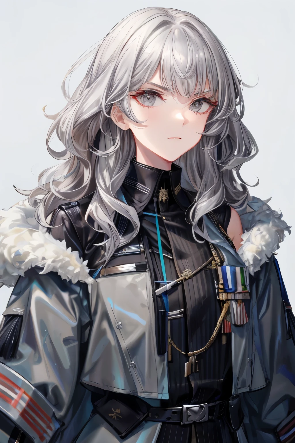 Drag sister,grey hair,ENTJ,Shoulder-length-hair,((Wavy Hair)),(haven't bangs),Serious,military uniform,Military risk